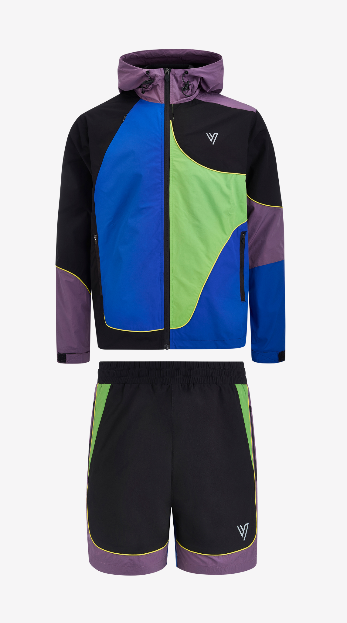 Cassius Windbreaker Set in black, purple, green and blue, windbreaker and short
