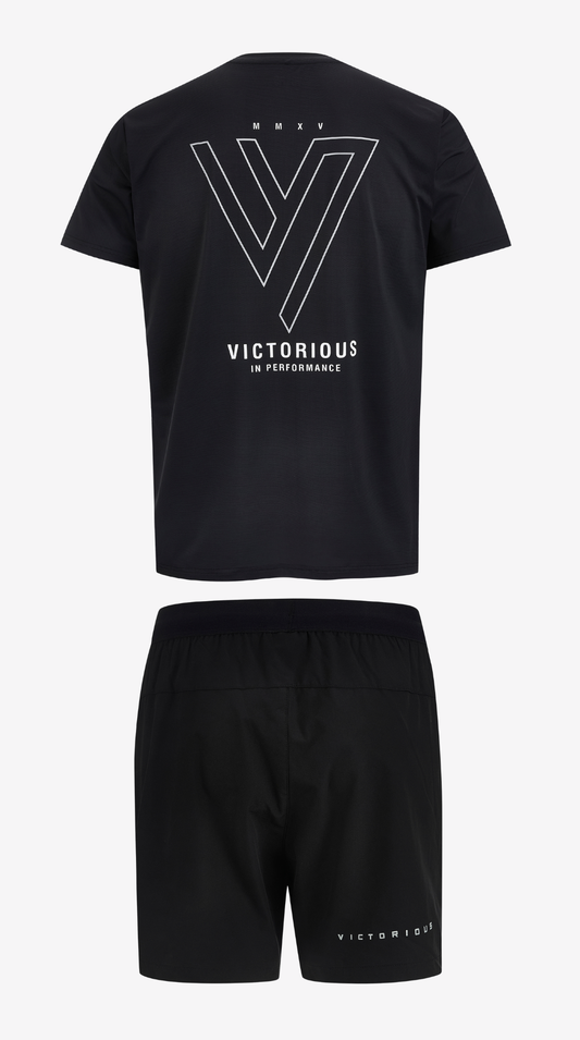 Black Ludus Training Tee & Short Set, tee and short laid flat