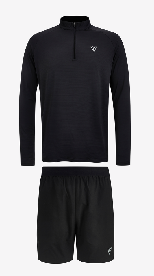 Black Tiro Training Top & Short Set, half-zip top and short laid flat
