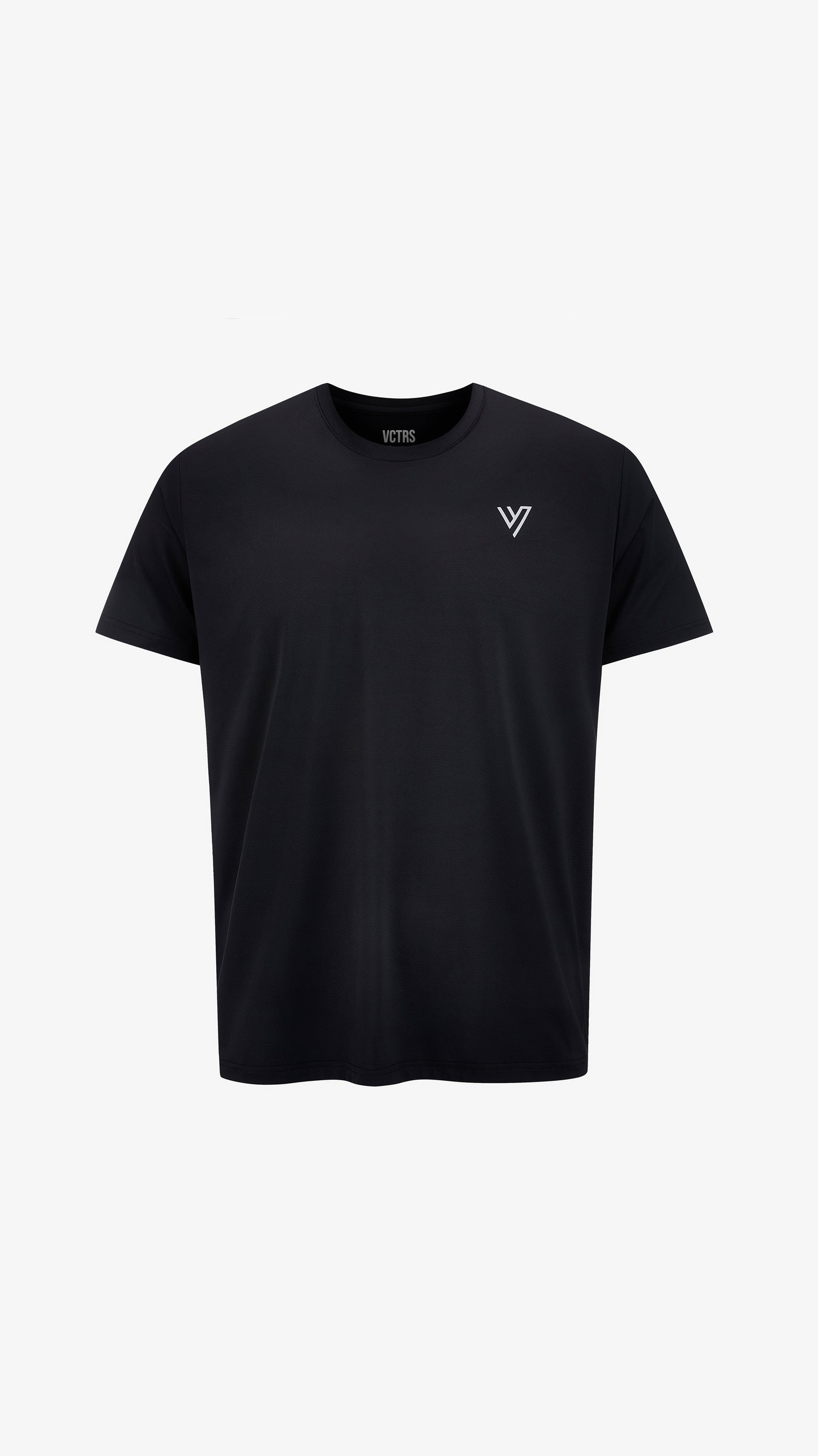 Black training tee, front view, nylon and spandex athletic fit with reflective chest logo