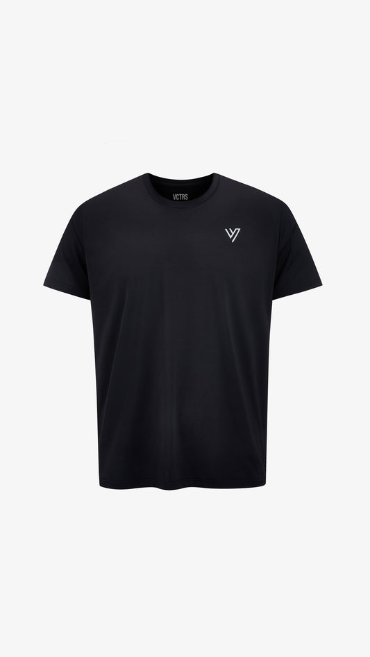 Black training tee, front view, nylon and spandex athletic fit with reflective chest logo