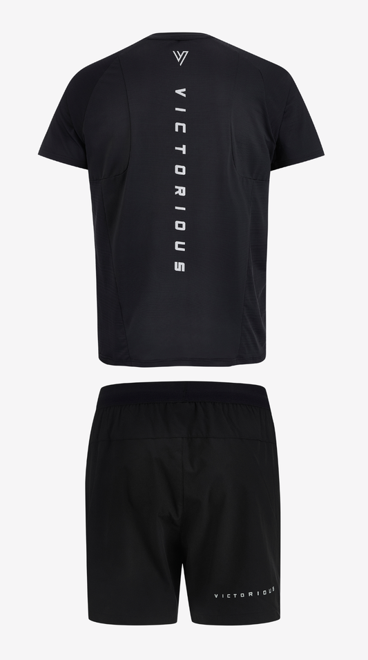 Black Training Tee & Short Set, tee and short laid flat