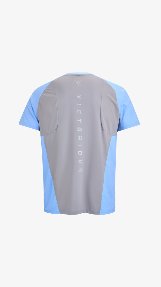 Blue/Grey Editor Training Tee, back view, reflective VICTORIOUS print