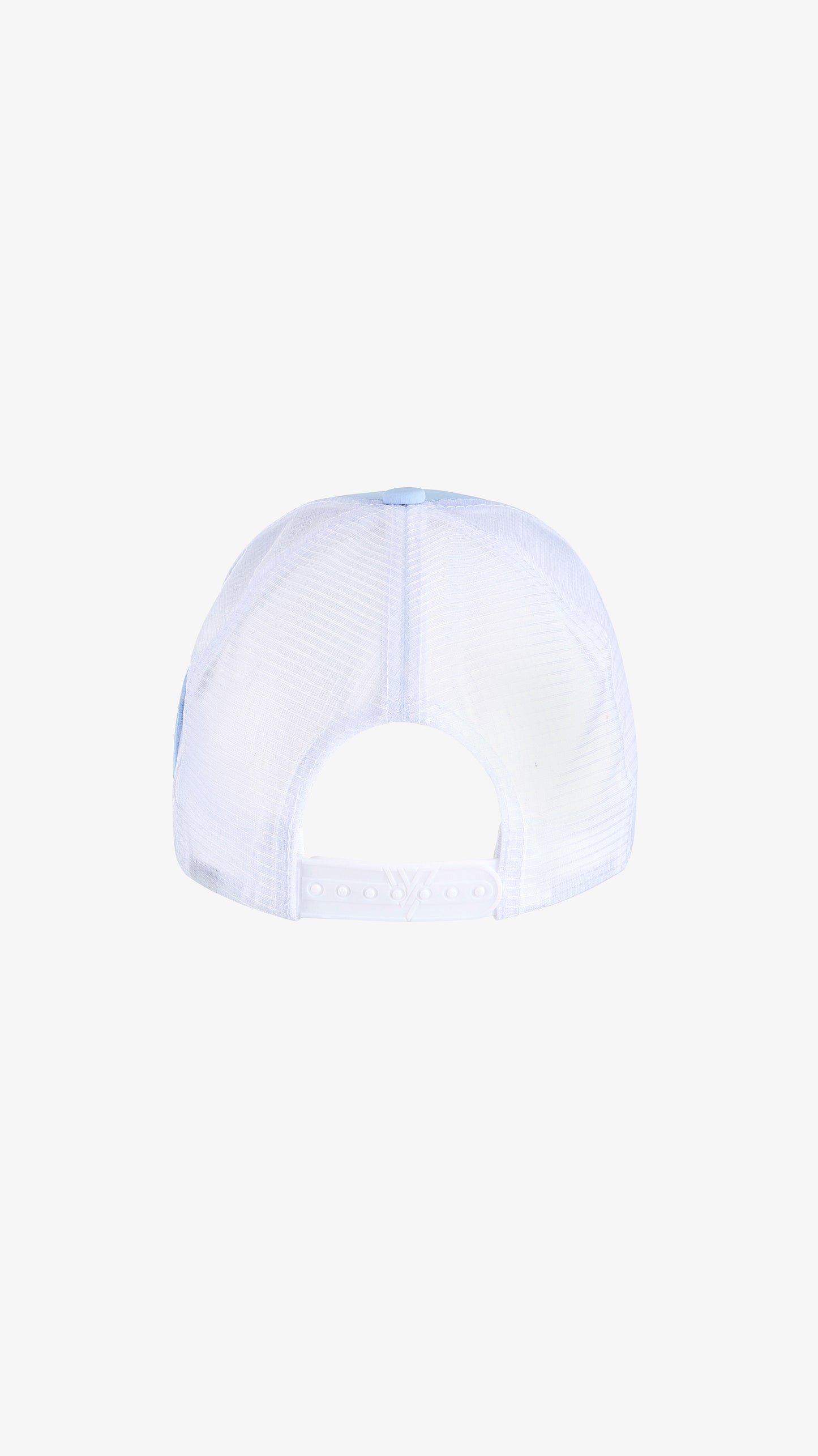 Blue/White Parma Trucker, back view, white mesh back with snapback closure