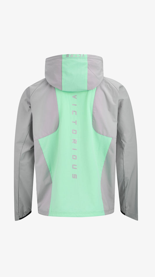 Grey/Mint Velum Windbreaker Hood, back view, reflective VICTORIOUS print