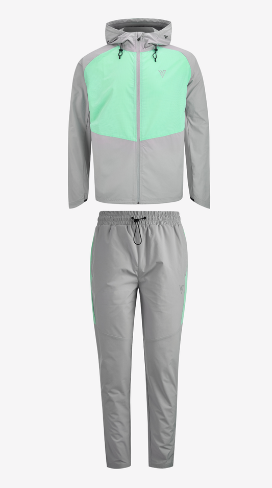 Grey/Mint Velum Tracksuit, windbreaker hood and pant laid flat
