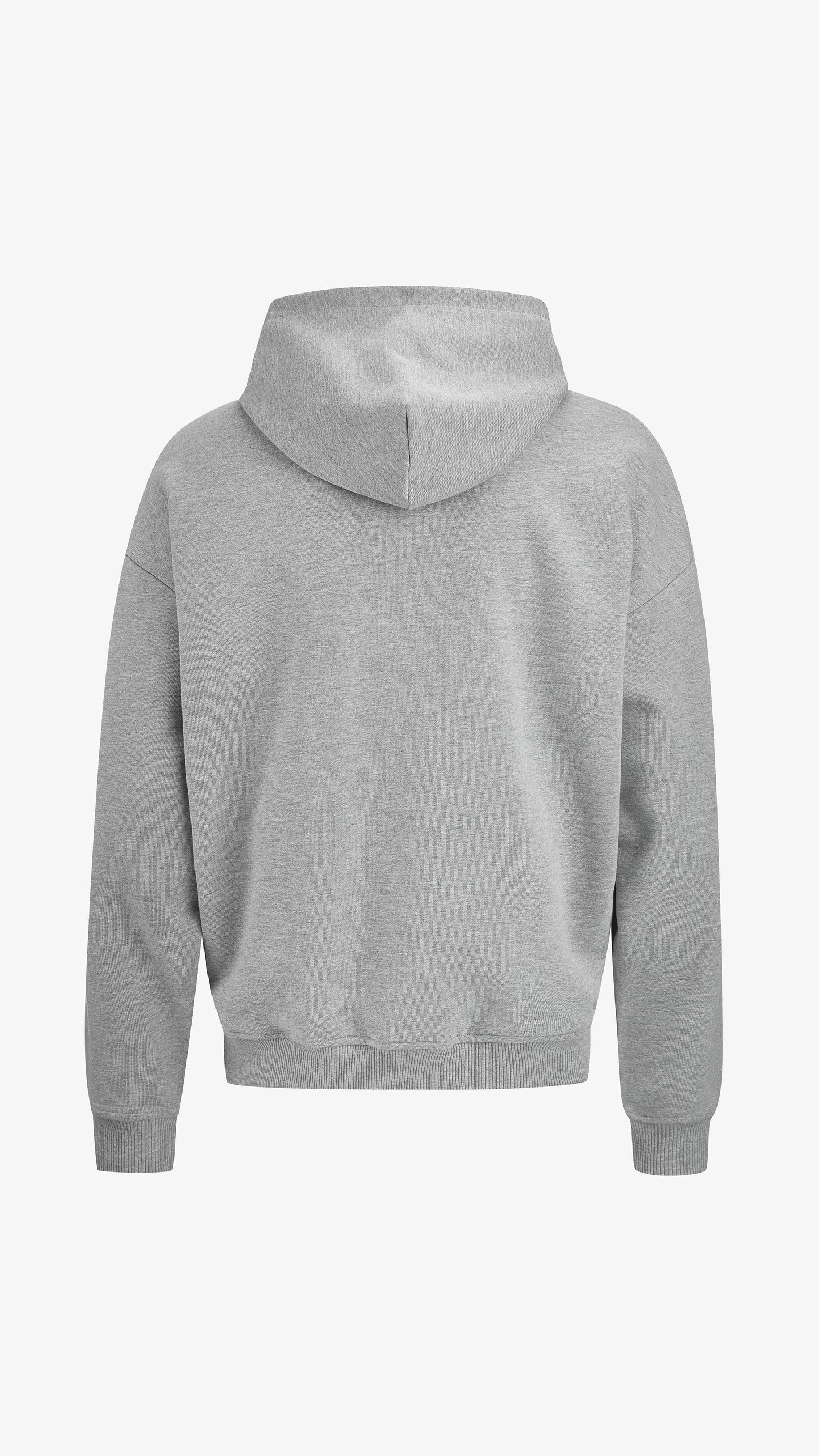 Grey Primus Hoodie, back view, raised hood detail