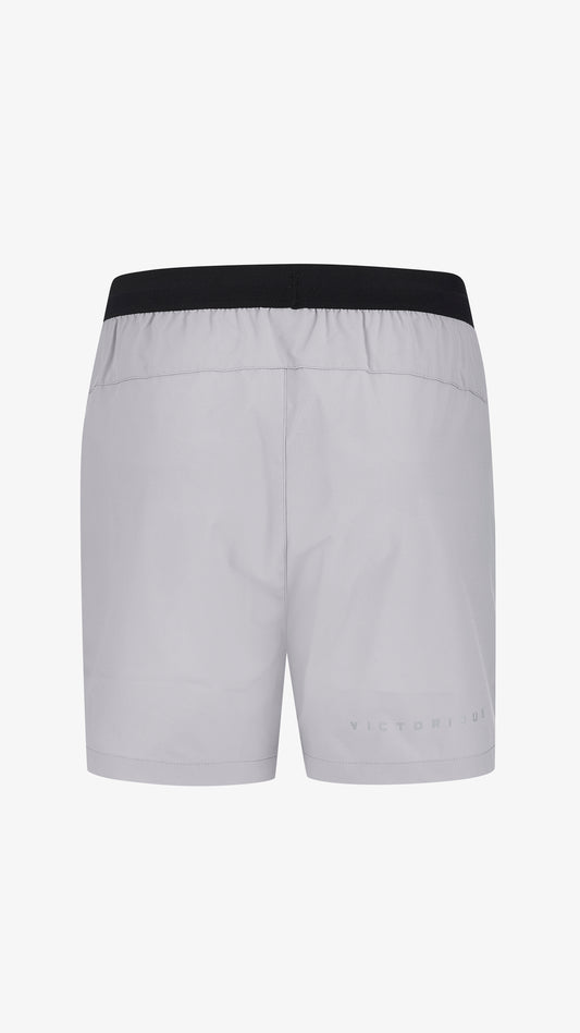 Grey Velum Short, back view, reflective VICTORIOUS print
