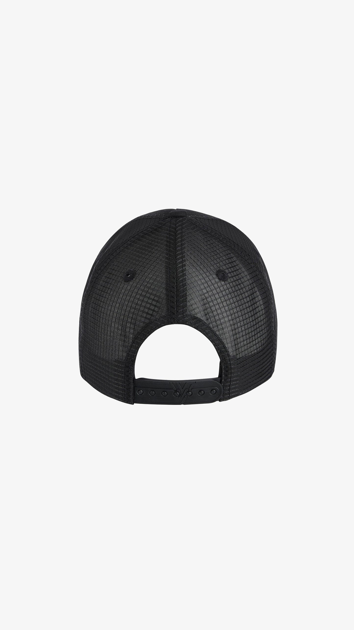 Black Ludus Trucker Cap, back view, full mesh back with snapback closure