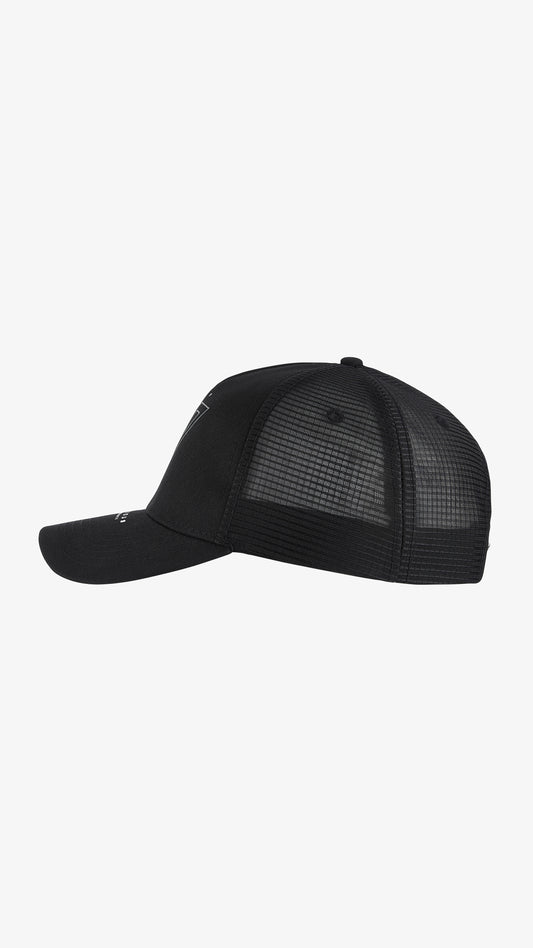 Black Ludus Trucker Cap, left side view, black mesh side panels for airflow
