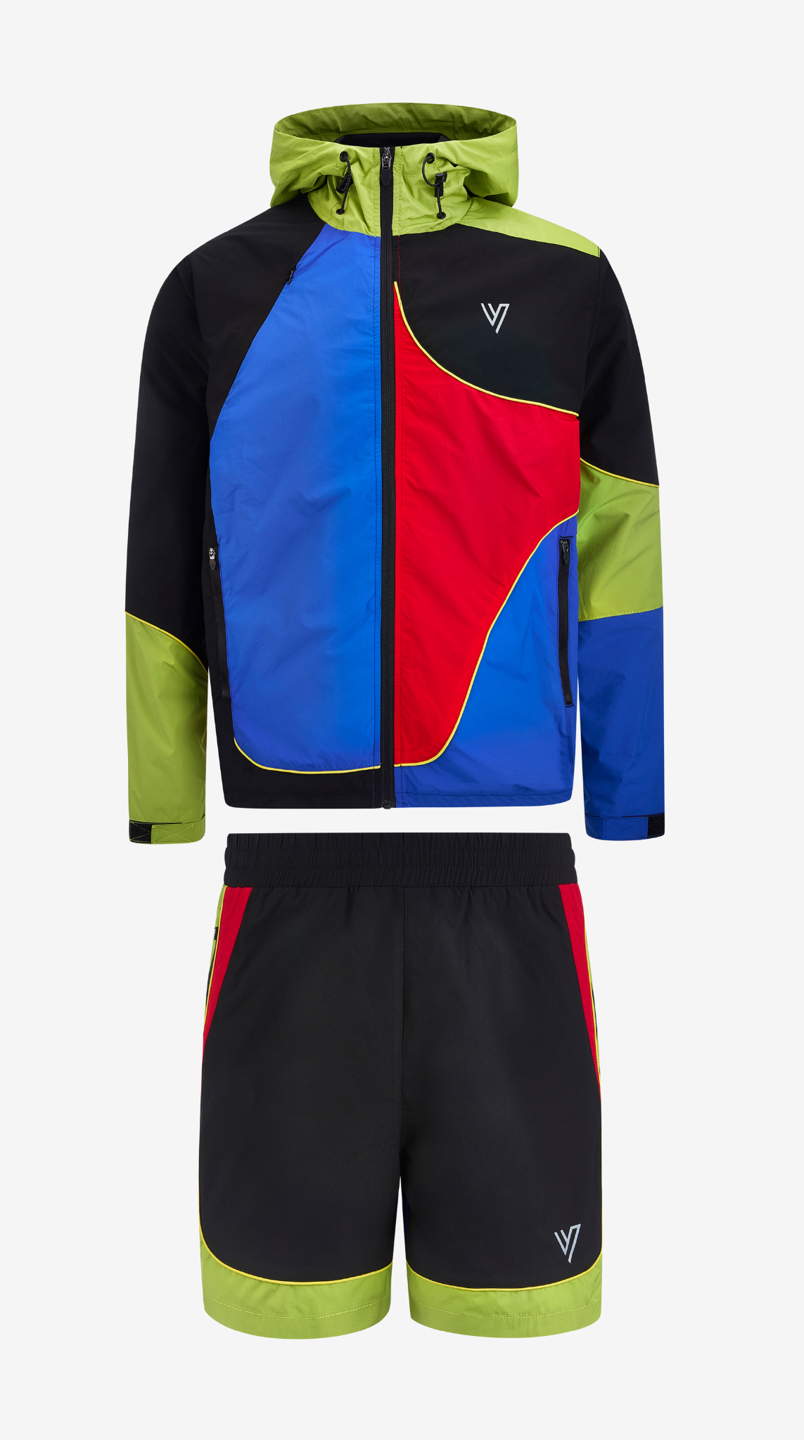 Cassius Windbreaker Set in blue, red, black and green, windbreaker and short