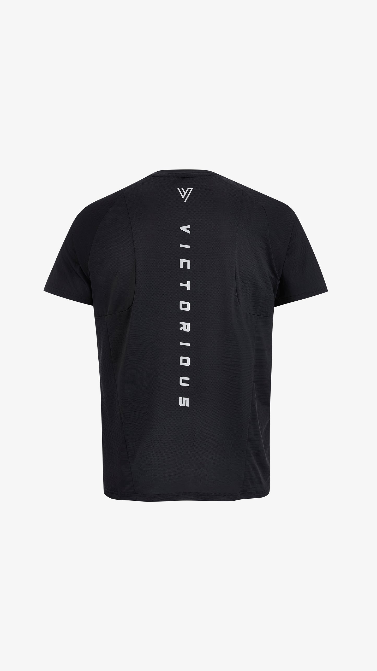 Black Editor Training Tee, back view, reflective VICTORIOUS print