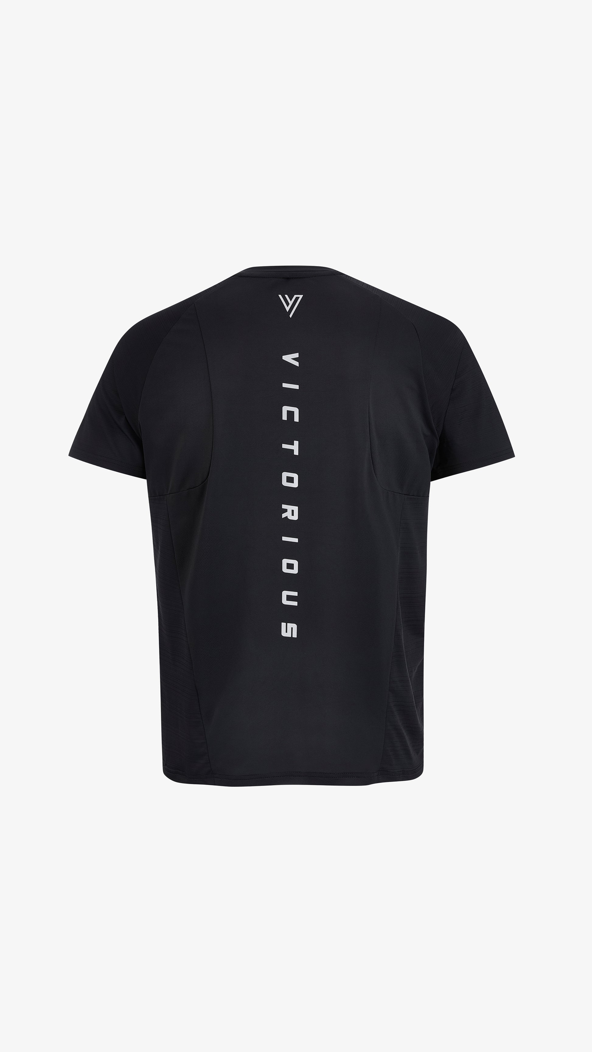Black Editor Training Tee, back view, reflective VICTORIOUS print