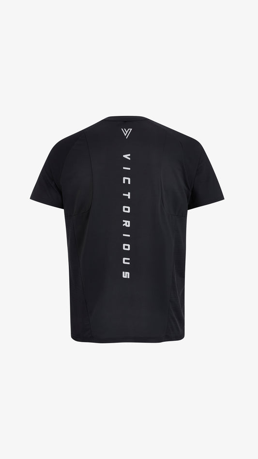 Black Editor Training Tee, back view, reflective VICTORIOUS print