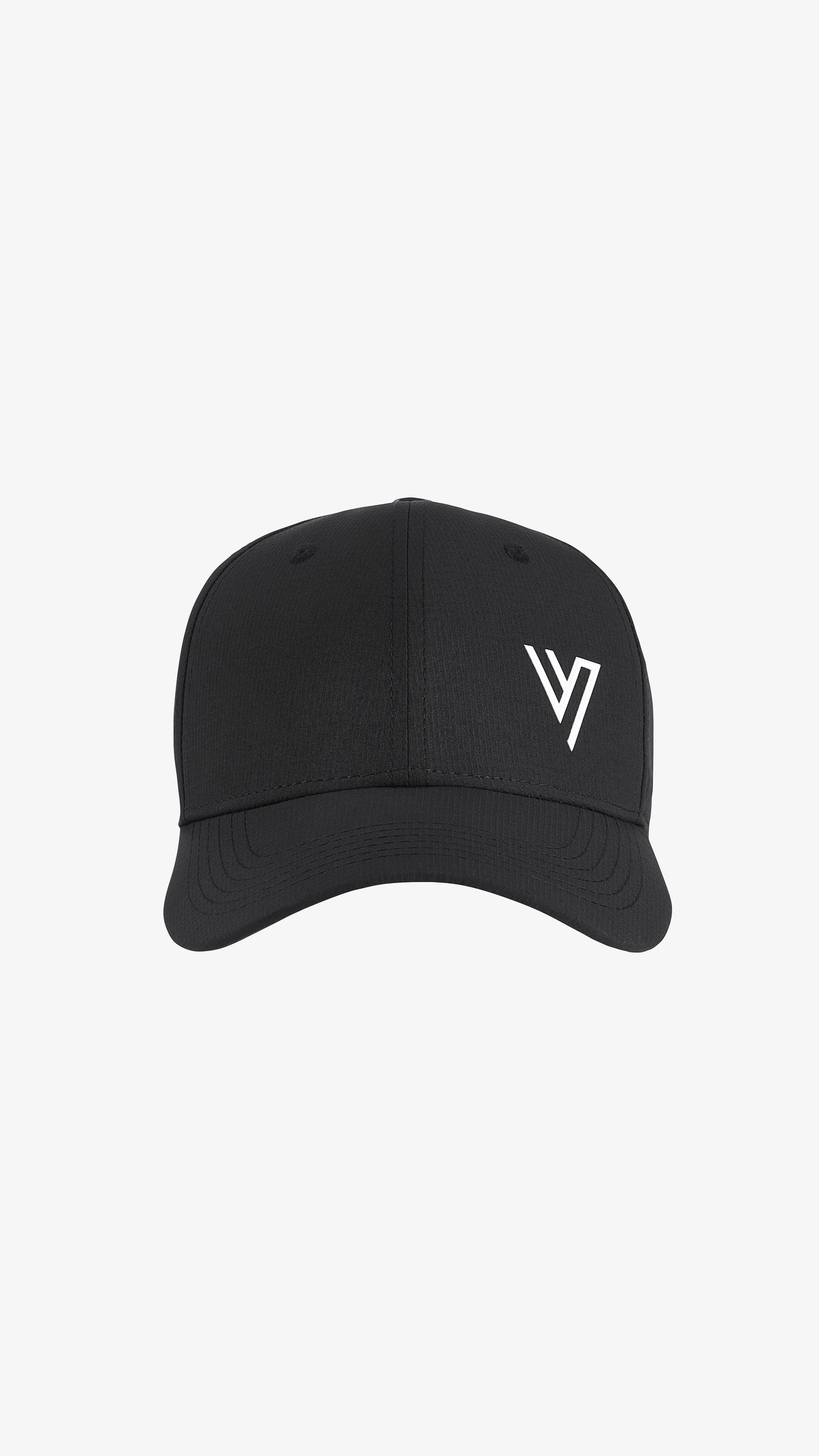 Black Galea Cap, front view, structured six-panel baseball cap with embroidered V mark