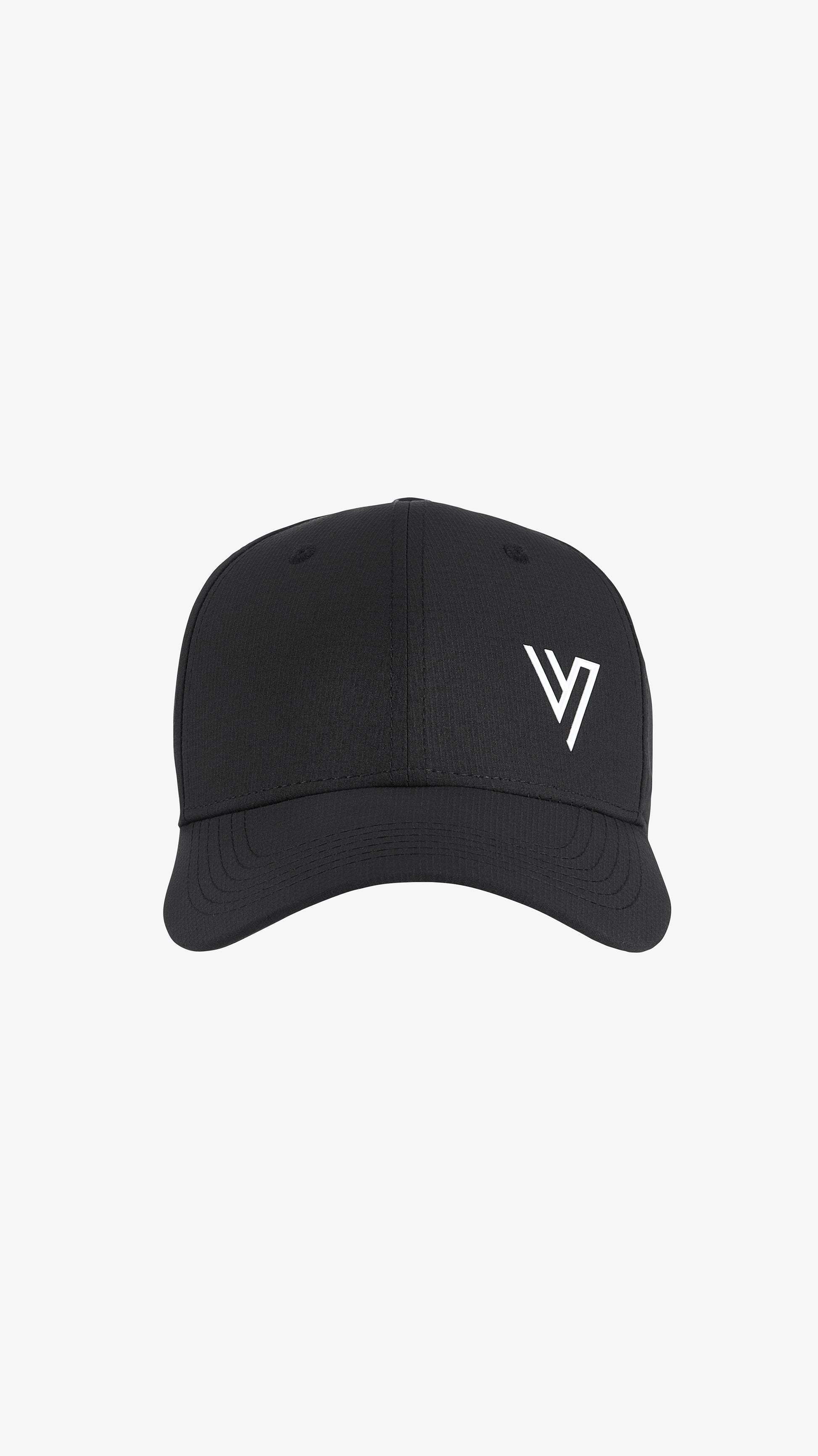 Black Galea Cap, front view, structured six-panel baseball cap with embroidered V mark