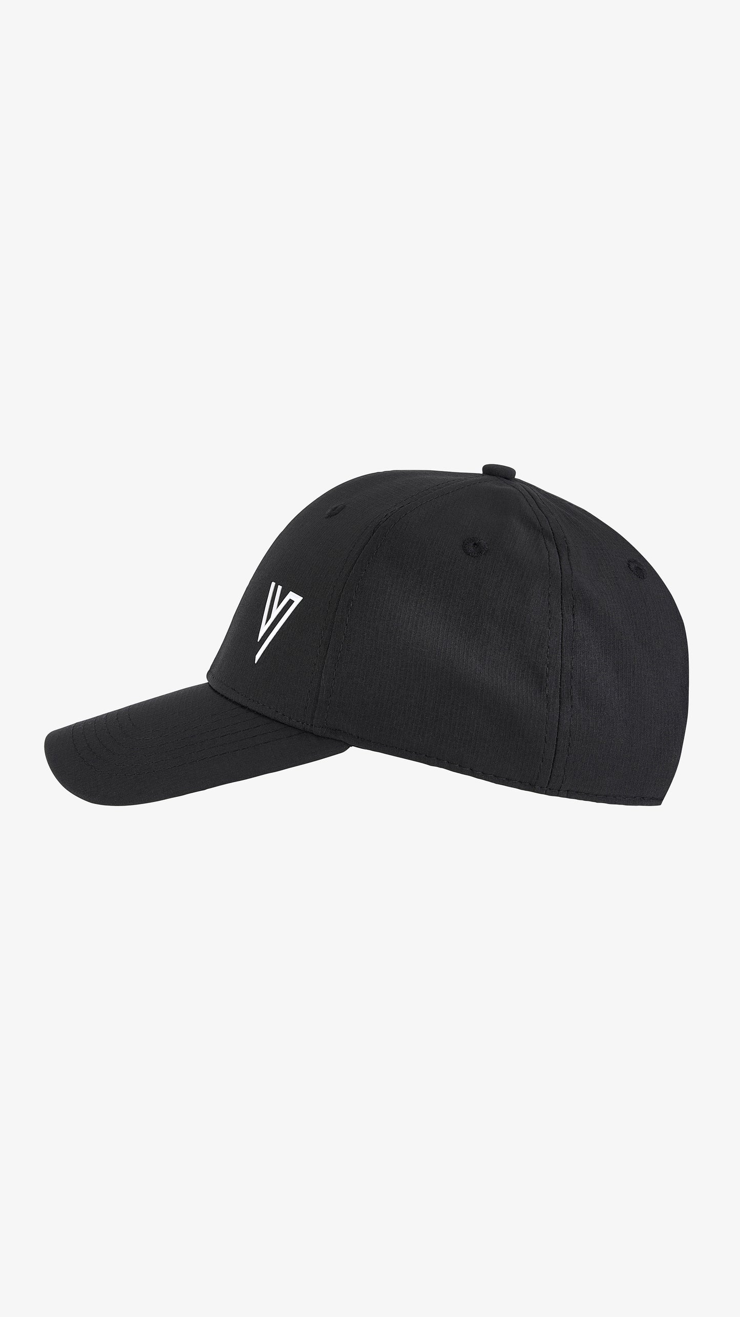 Black Galea Cap, left side view, solid crown and pre-curved brim