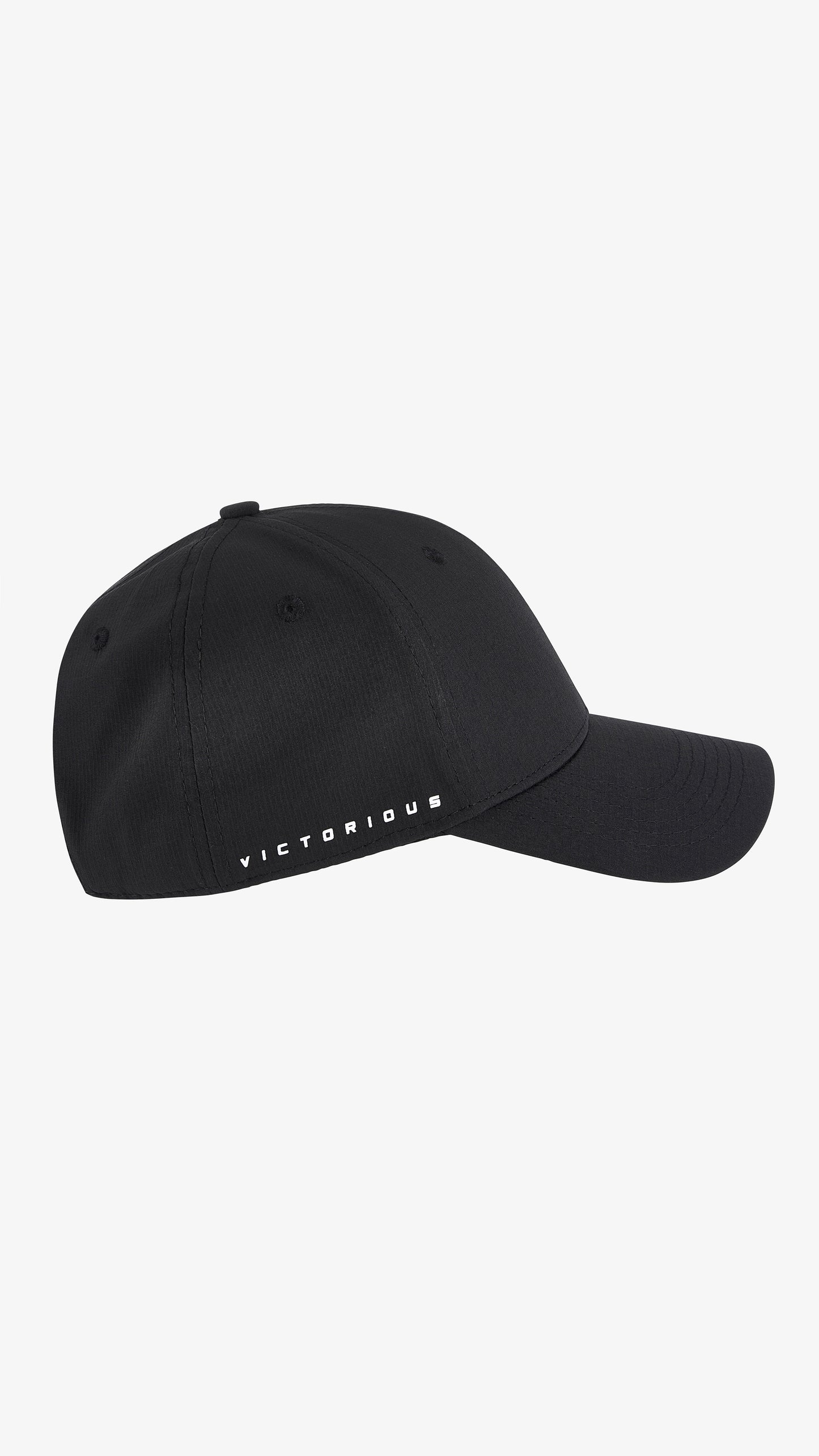 Black Galea Cap, right side view, solid crown and pre-curved brim