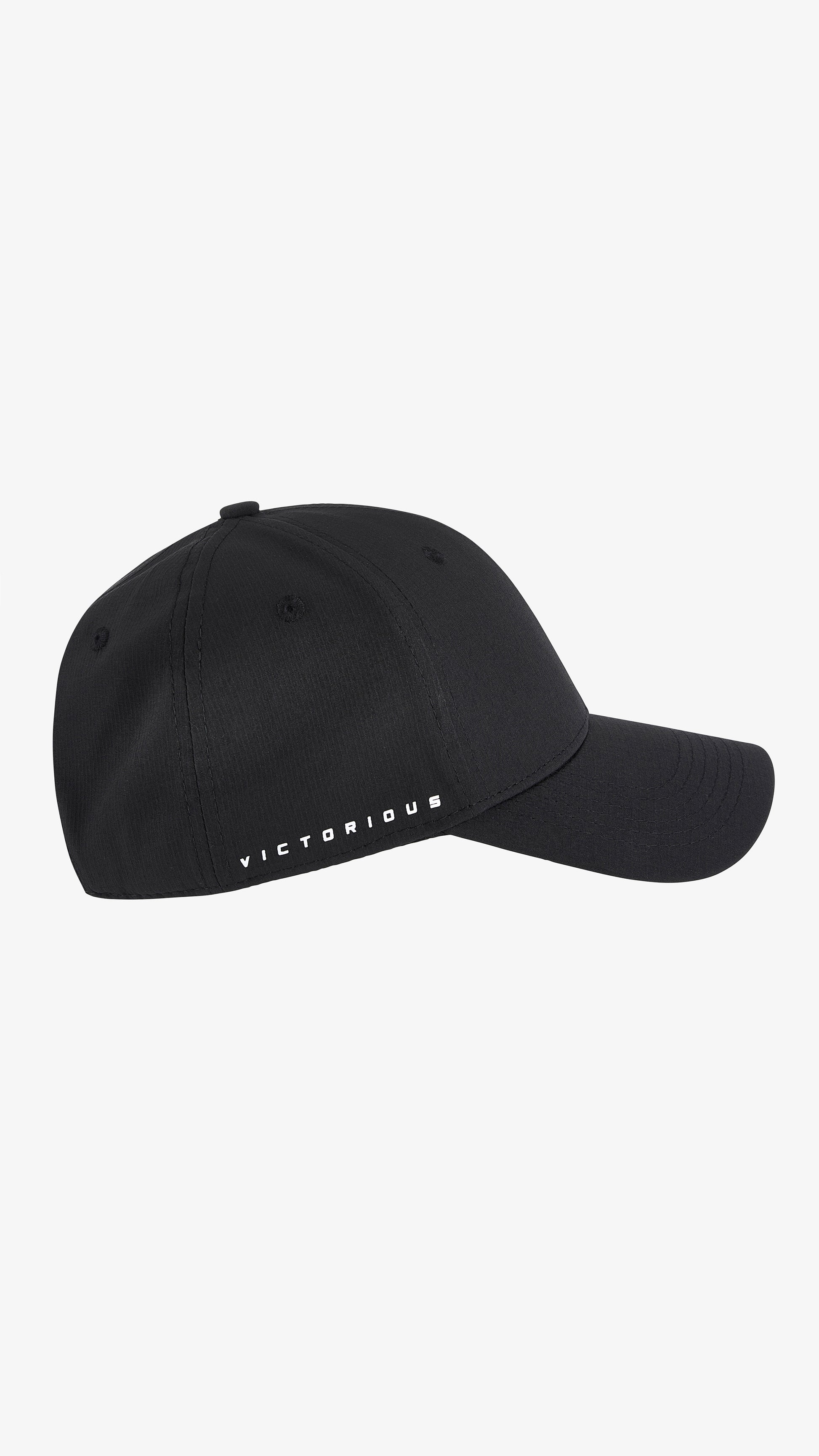 Black Galea Cap, right side view, solid crown and pre-curved brim