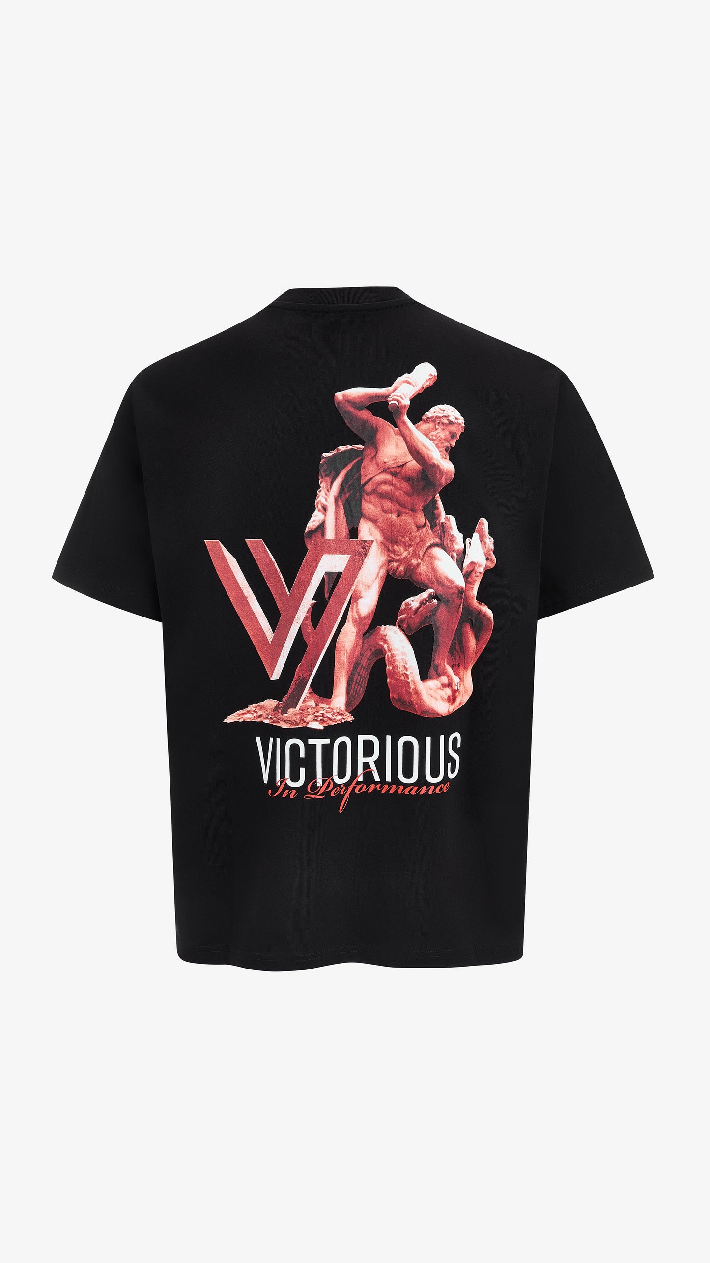 Black Gladius Tee, back view, red Victorious In Performance graphic print