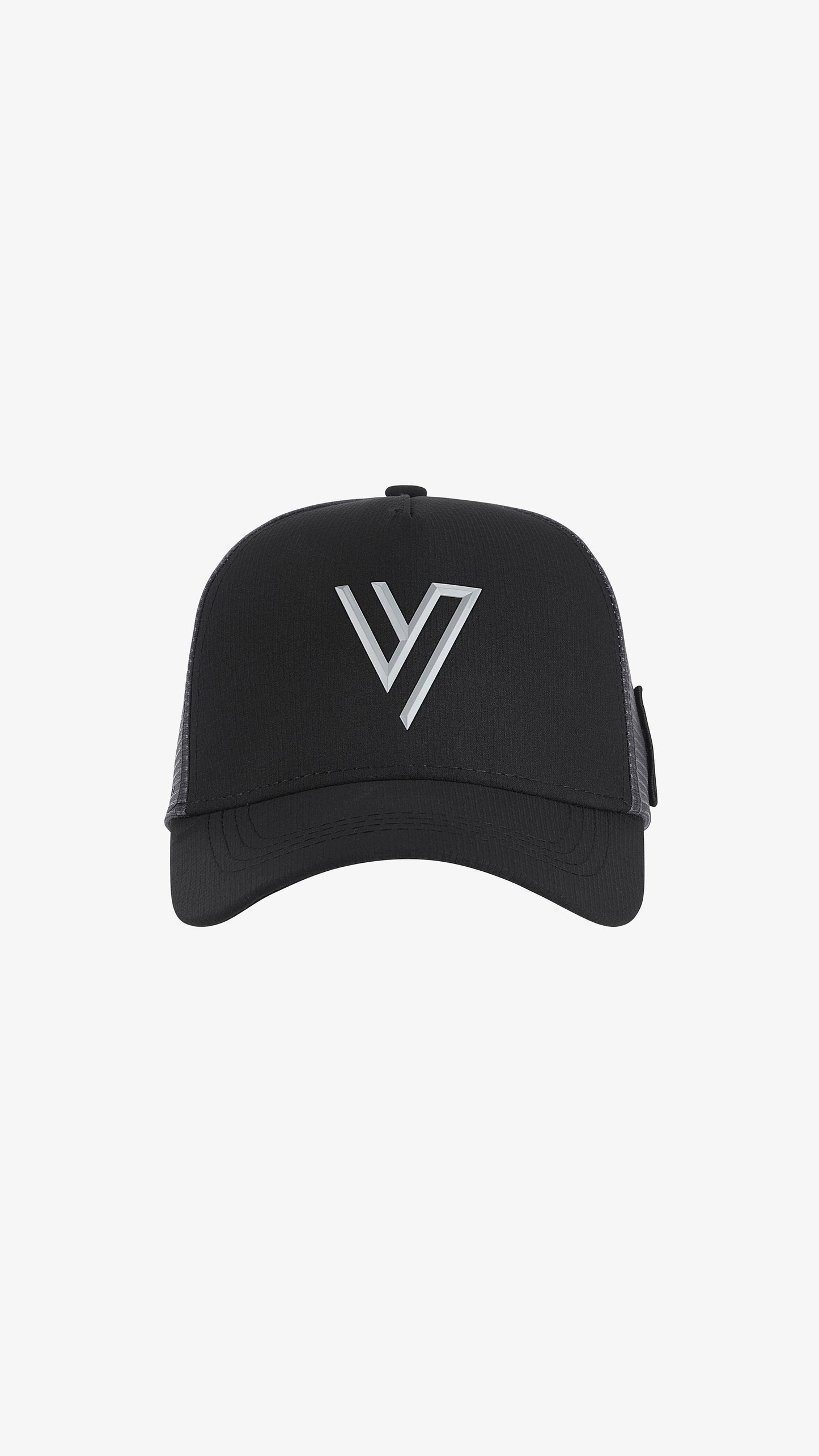 Black/Grey Parma Trucker, front view, embroidered V logo on black front panel
