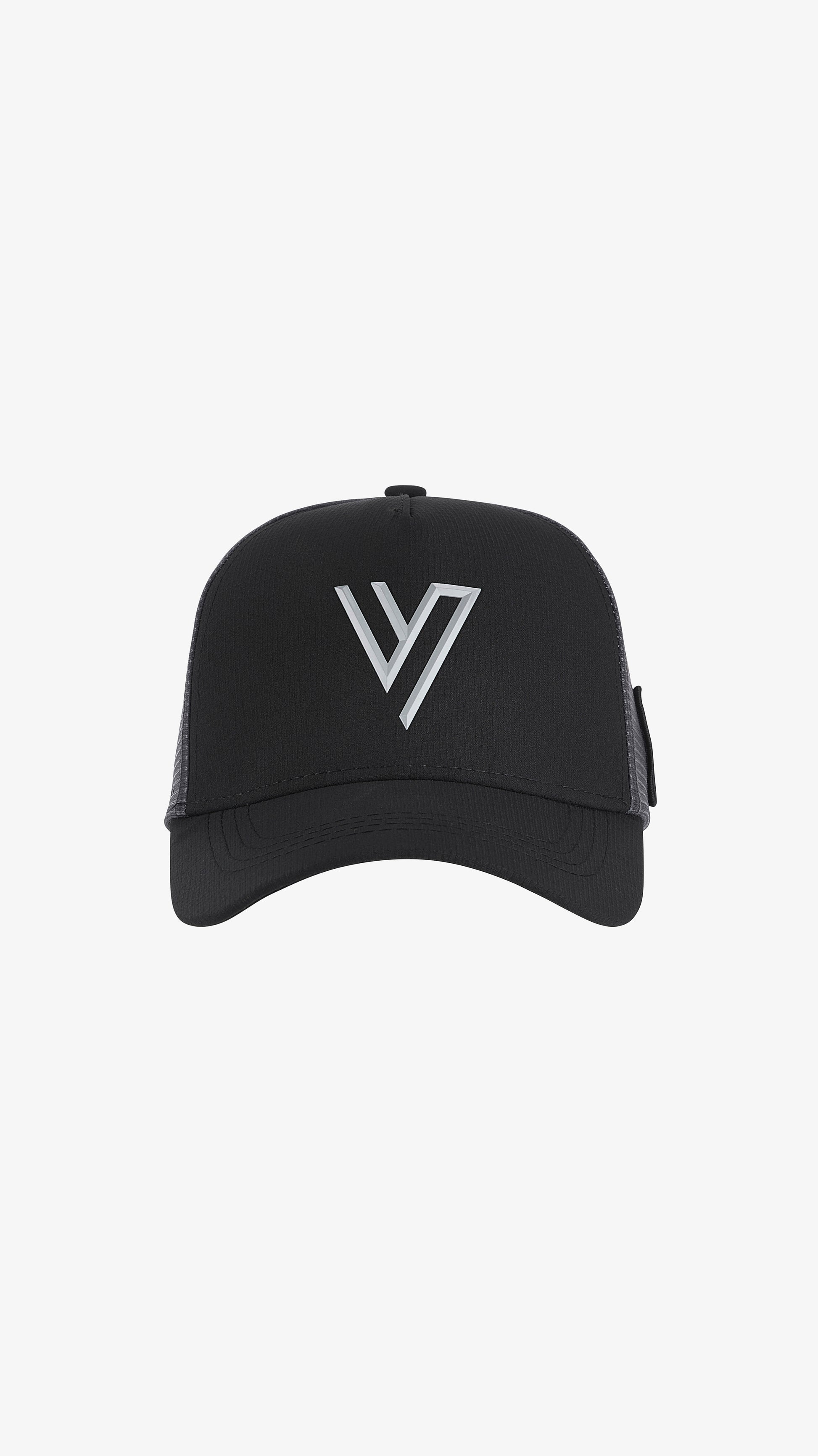 Black/Grey Parma Trucker, front view, embroidered V logo on black front panel