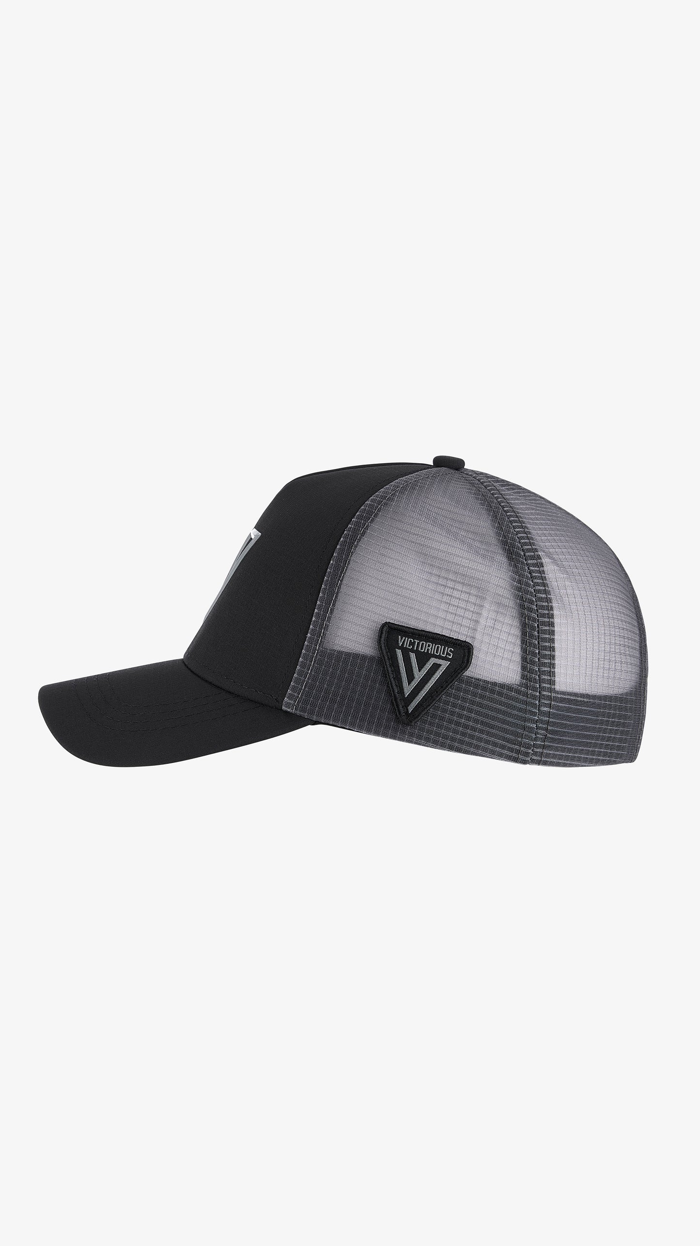 Black/Grey Parma Trucker, left side view, raised rubber VICTORIOUS badge on grey mesh