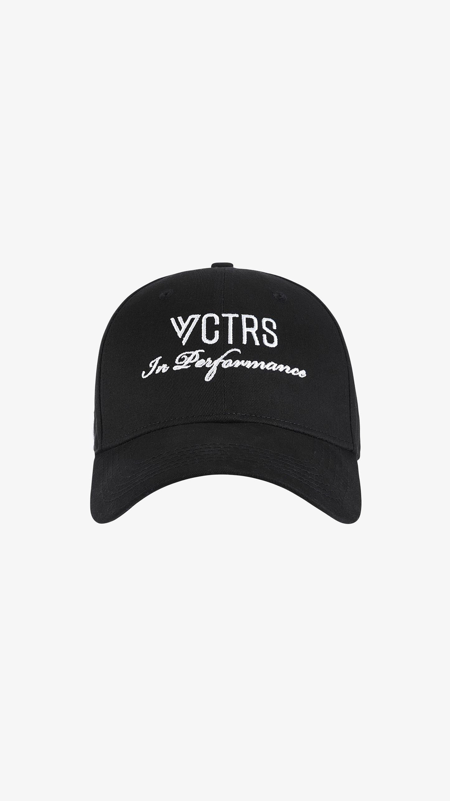 Black Lanista Cap, front view, VCTRS In Performance embroidery on solid black crown