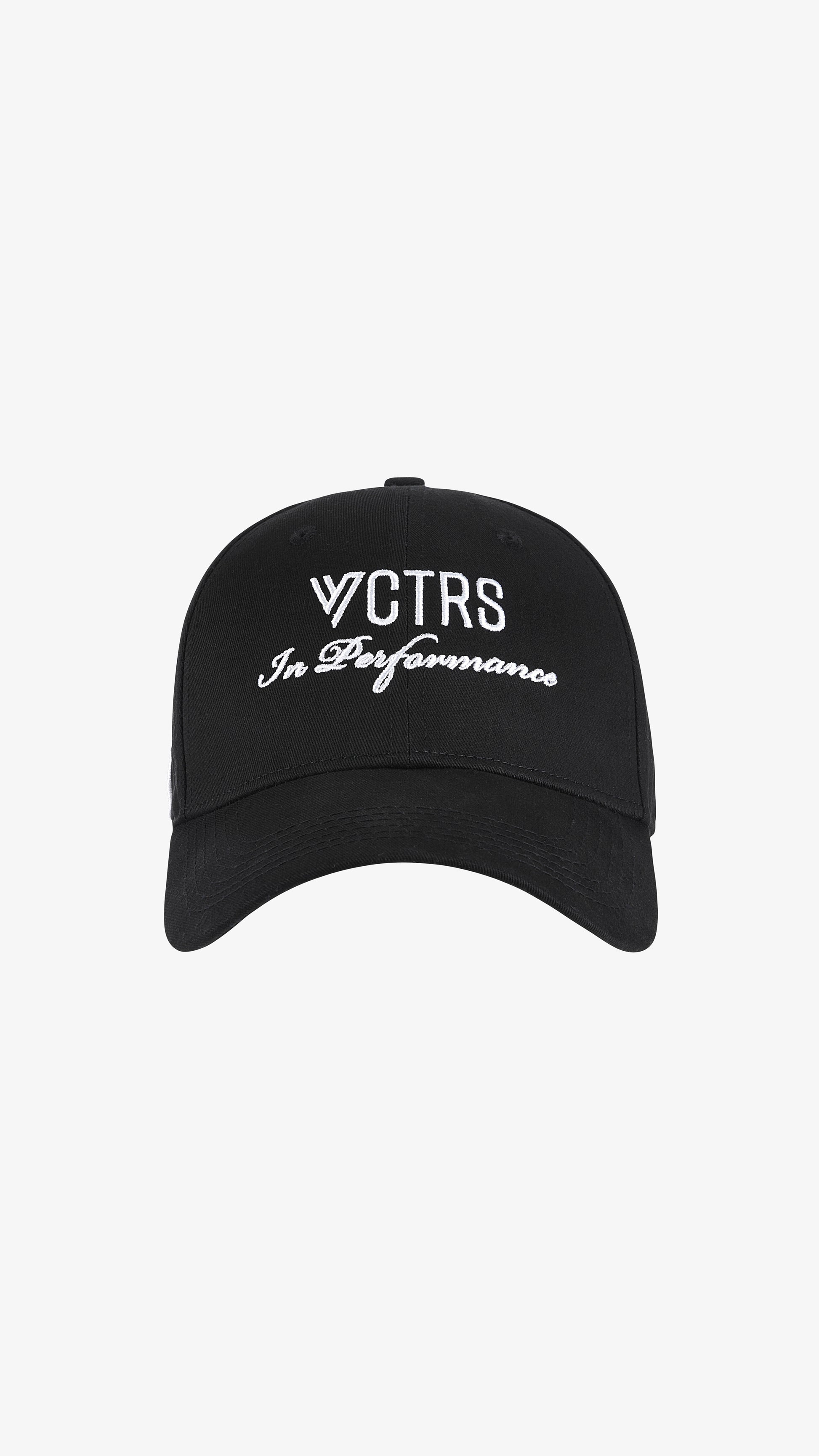 Black Lanista Cap, front view, VCTRS In Performance embroidery on solid black crown