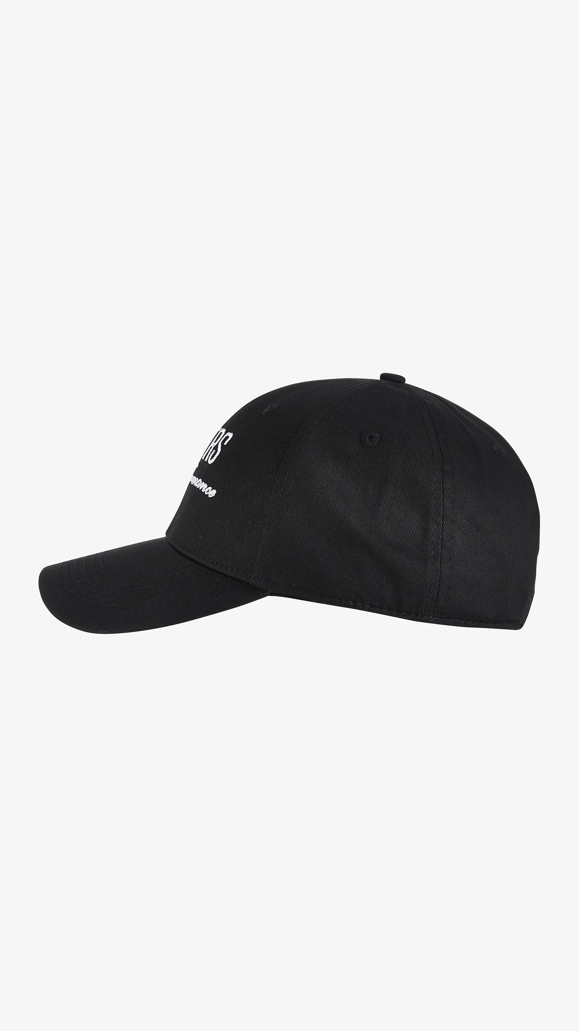Black Lanista Cap, left side view, V mark on side panel and pre-curved brim