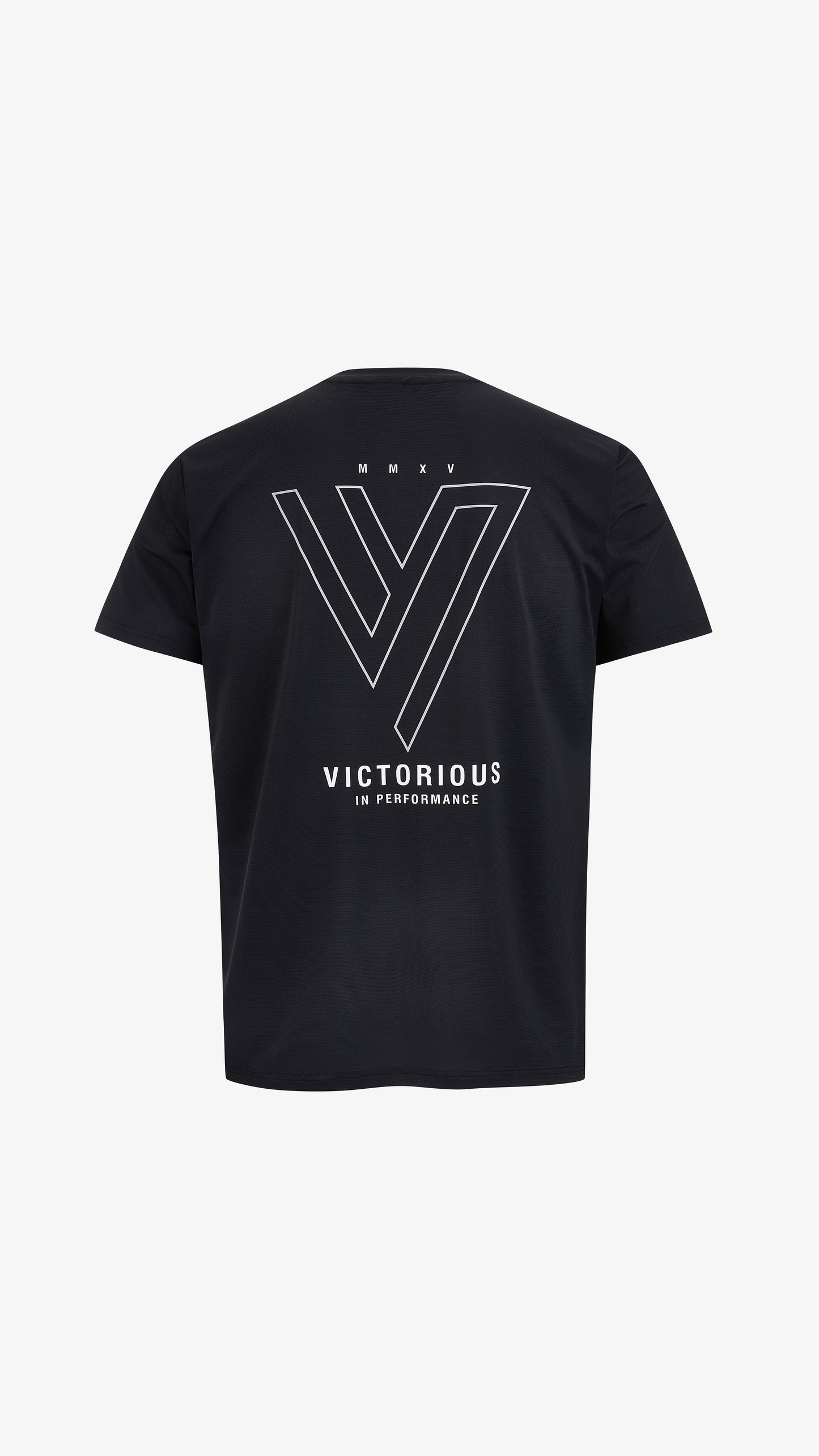 Black Ludus Tee, back view, reflective outlined V, MMXV and Victorious In Performance print