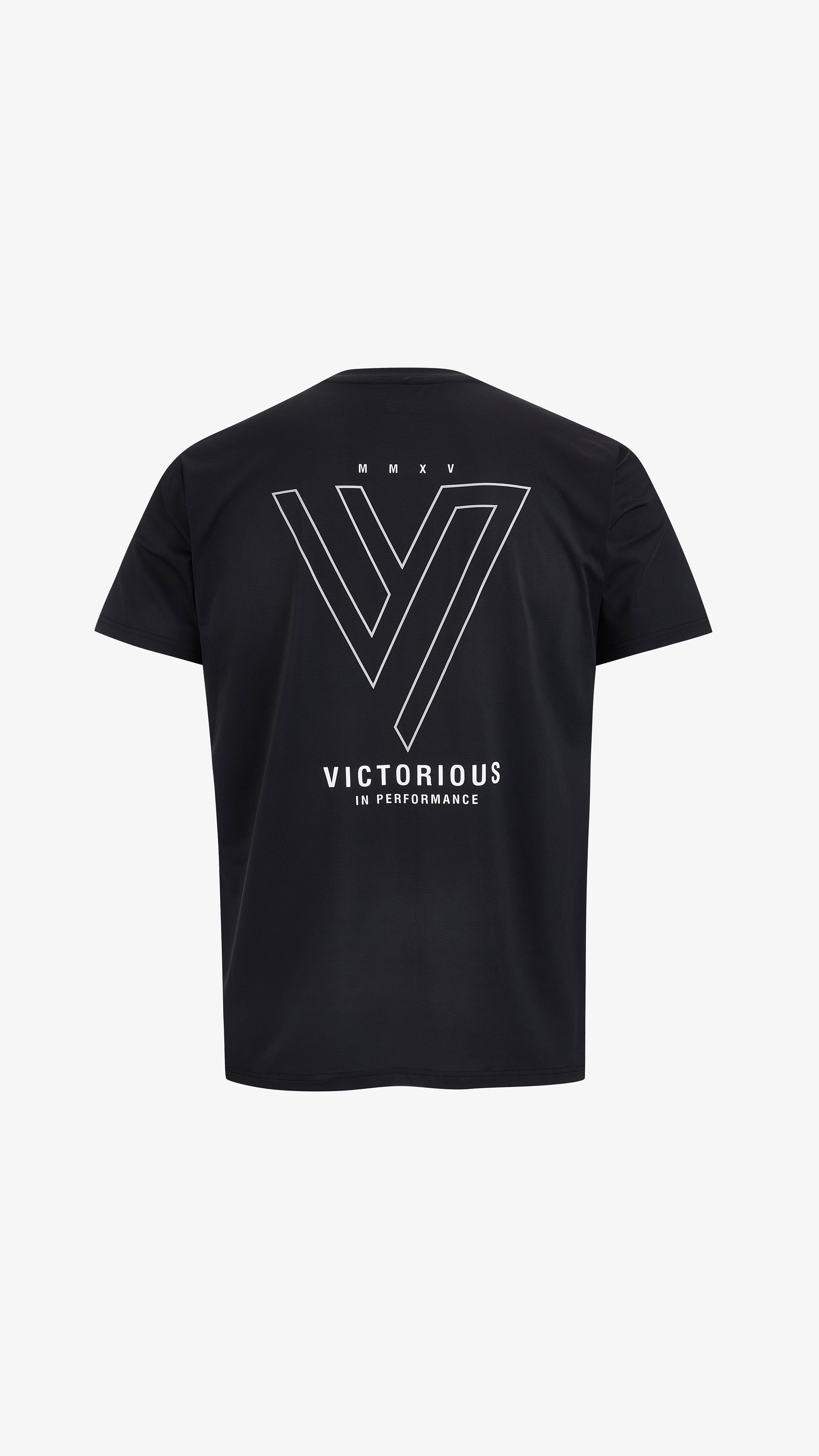 Black Ludus Tee, back view, reflective outlined V, MMXV and Victorious In Performance print