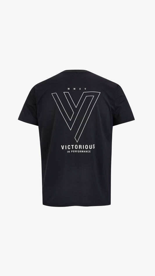 Black Ludus Tee, back view, reflective outlined V, MMXV and Victorious In Performance print