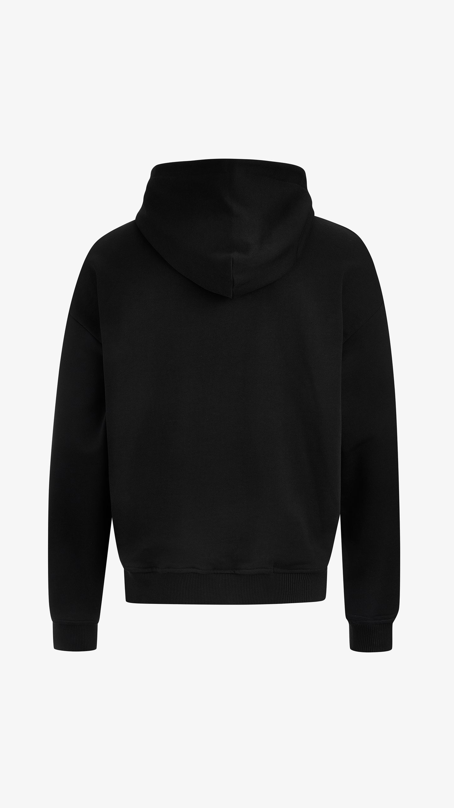 Black Primus Hoodie, back view, raised hood detail