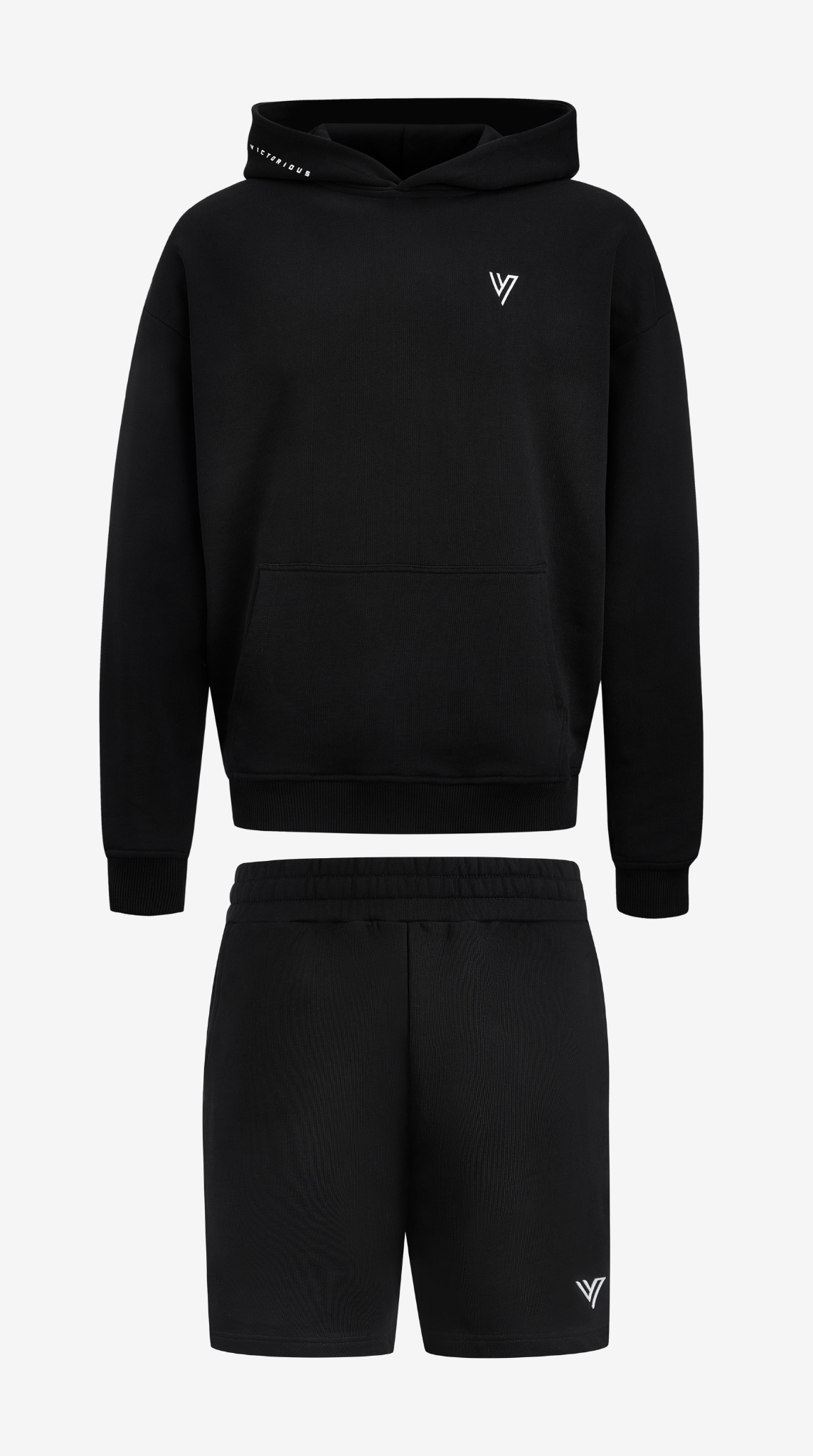 Black Primus Hoodie & Short Set, hoodie and jog short laid flat
