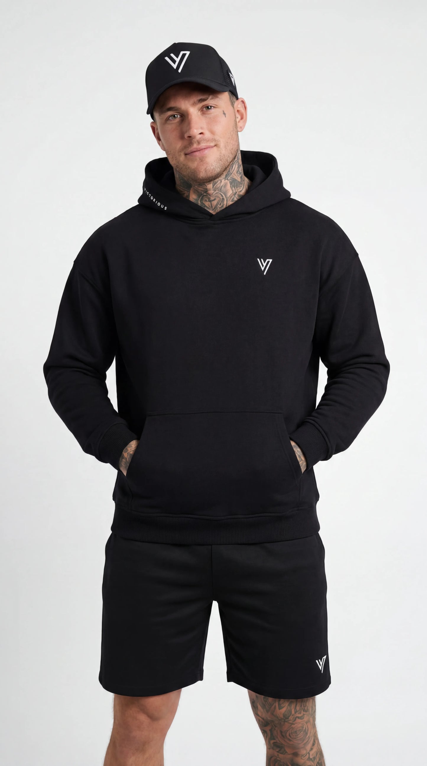 Model wearing the Black Primus Hoodie & Short Set