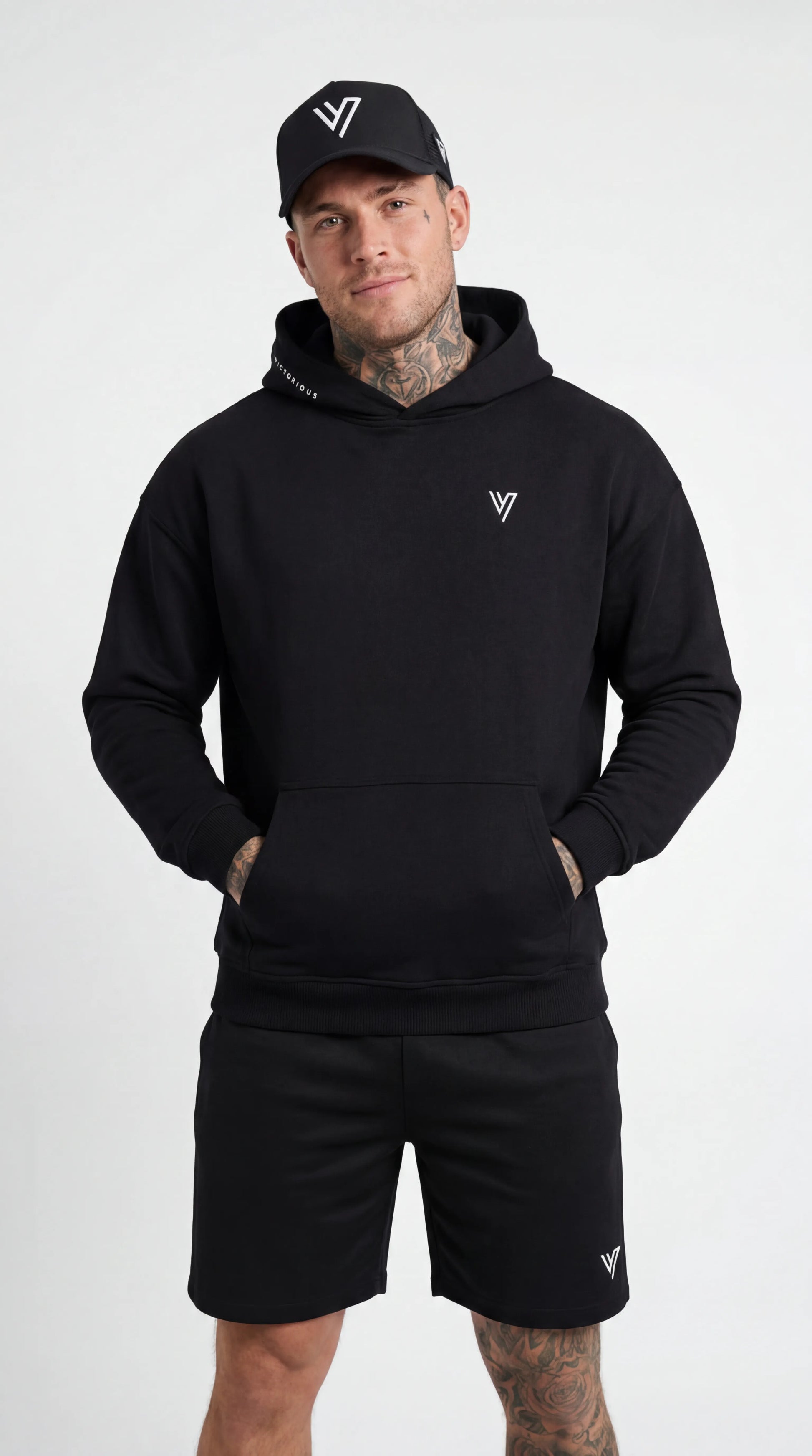Model wearing the Black Primus Hoodie & Short Set