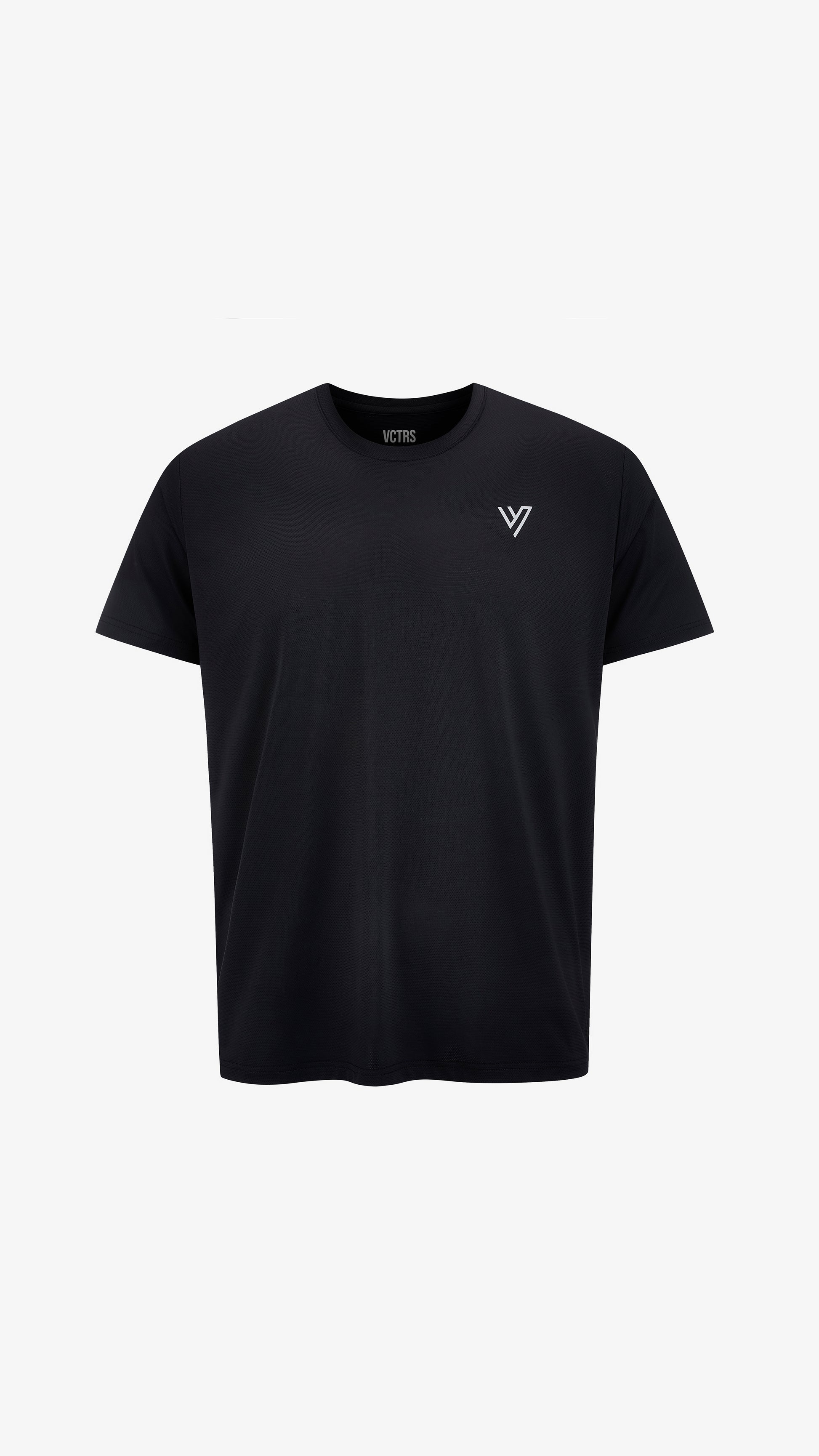 Black training tee, front view, nylon and spandex athletic fit with reflective chest logo