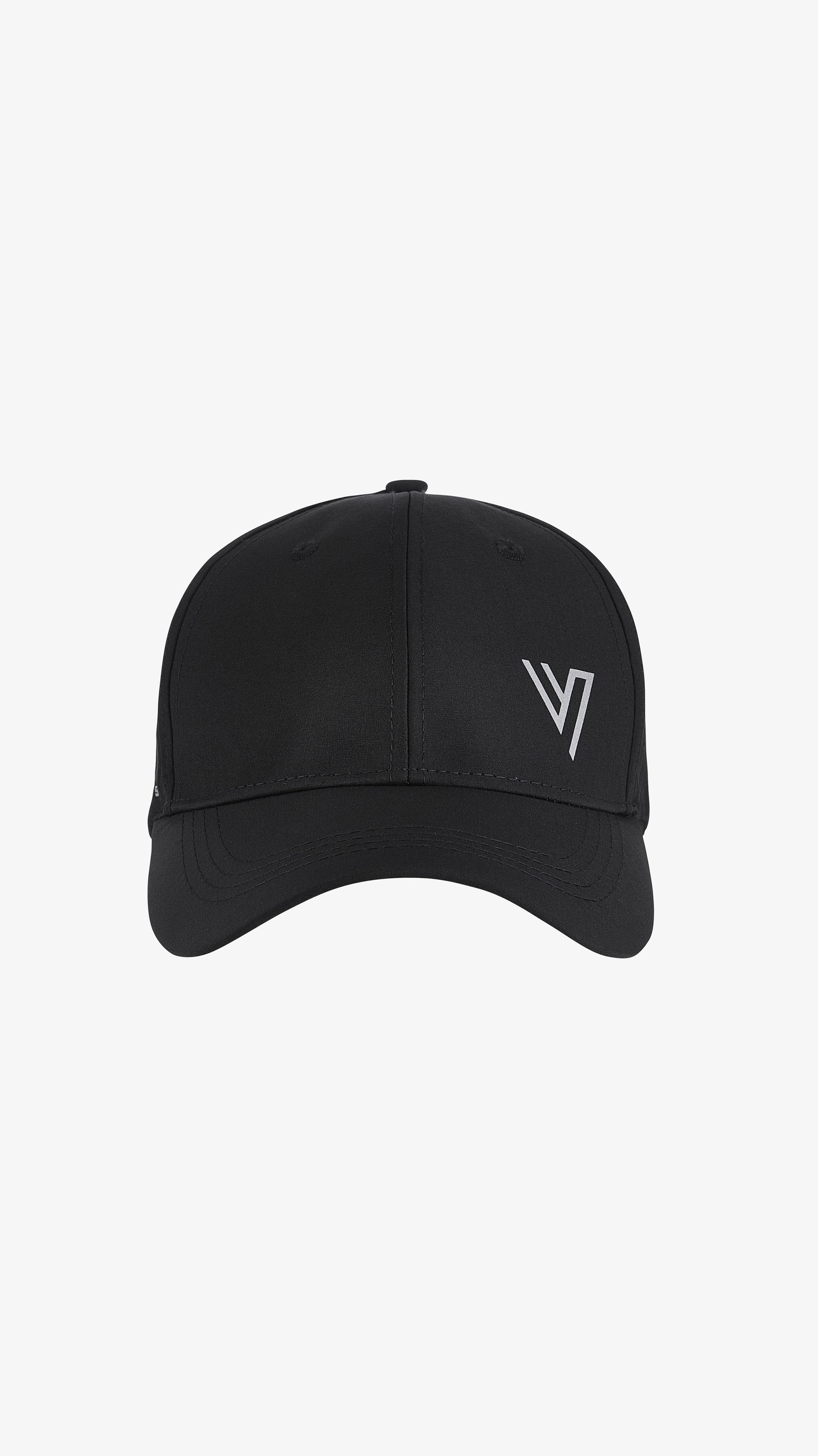 Black Triden Cap, front view, perforated performance cap with V mark