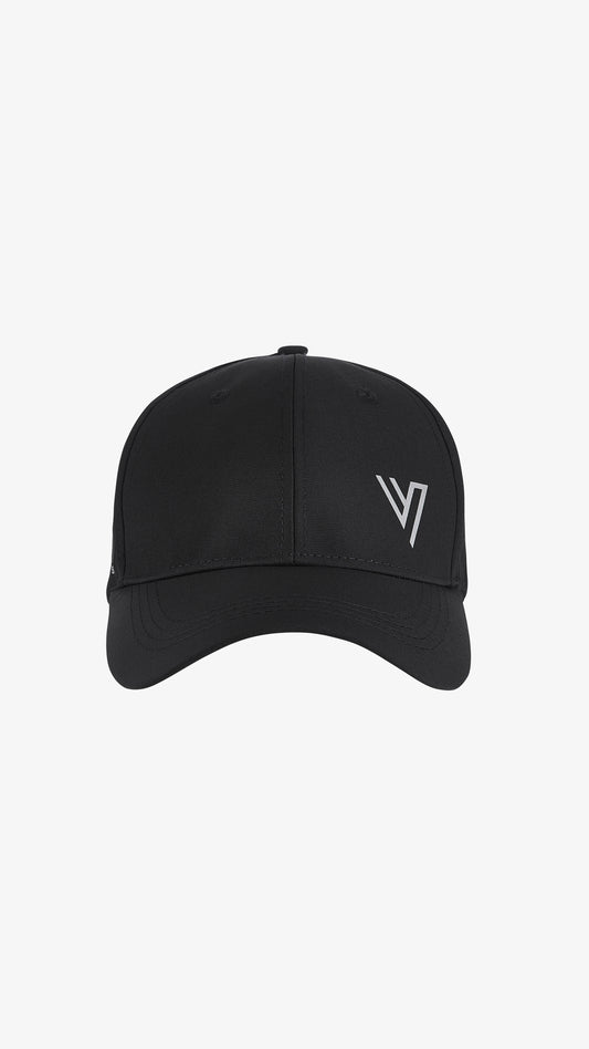 Black Triden Cap, front view, perforated performance cap with V mark