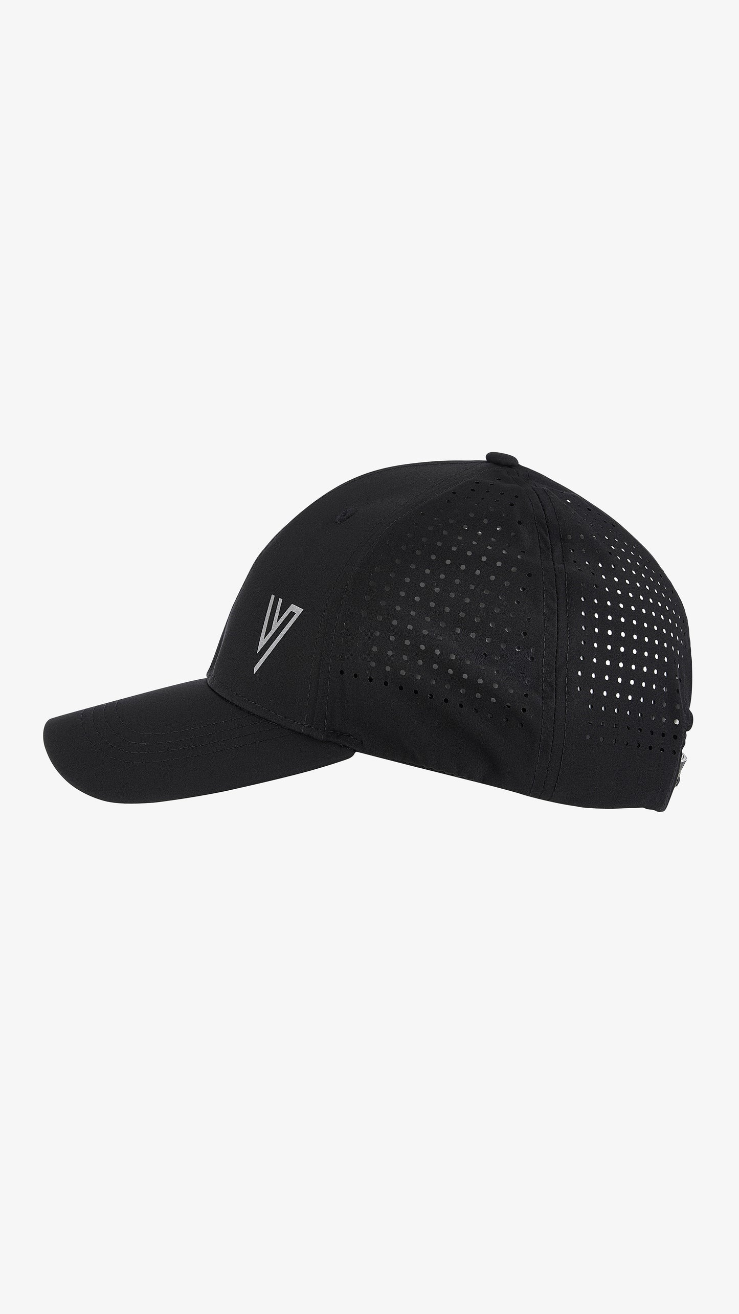 Black Triden Cap, left side view, laser-cut perforations and reflective VICTORIOUS detail