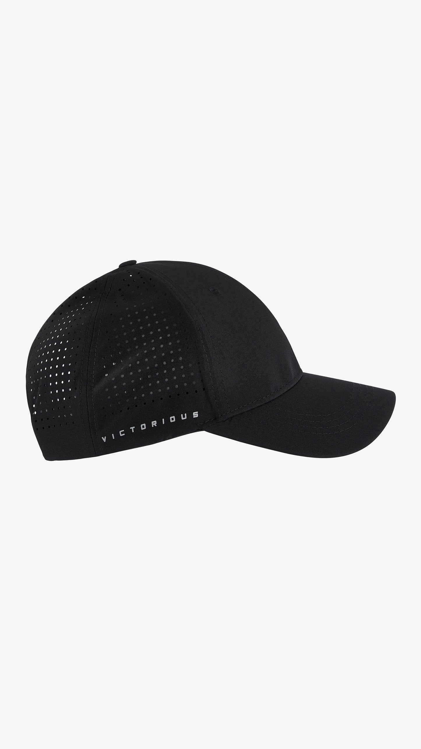 Black Triden Cap, right side view, laser-cut perforations for airflow