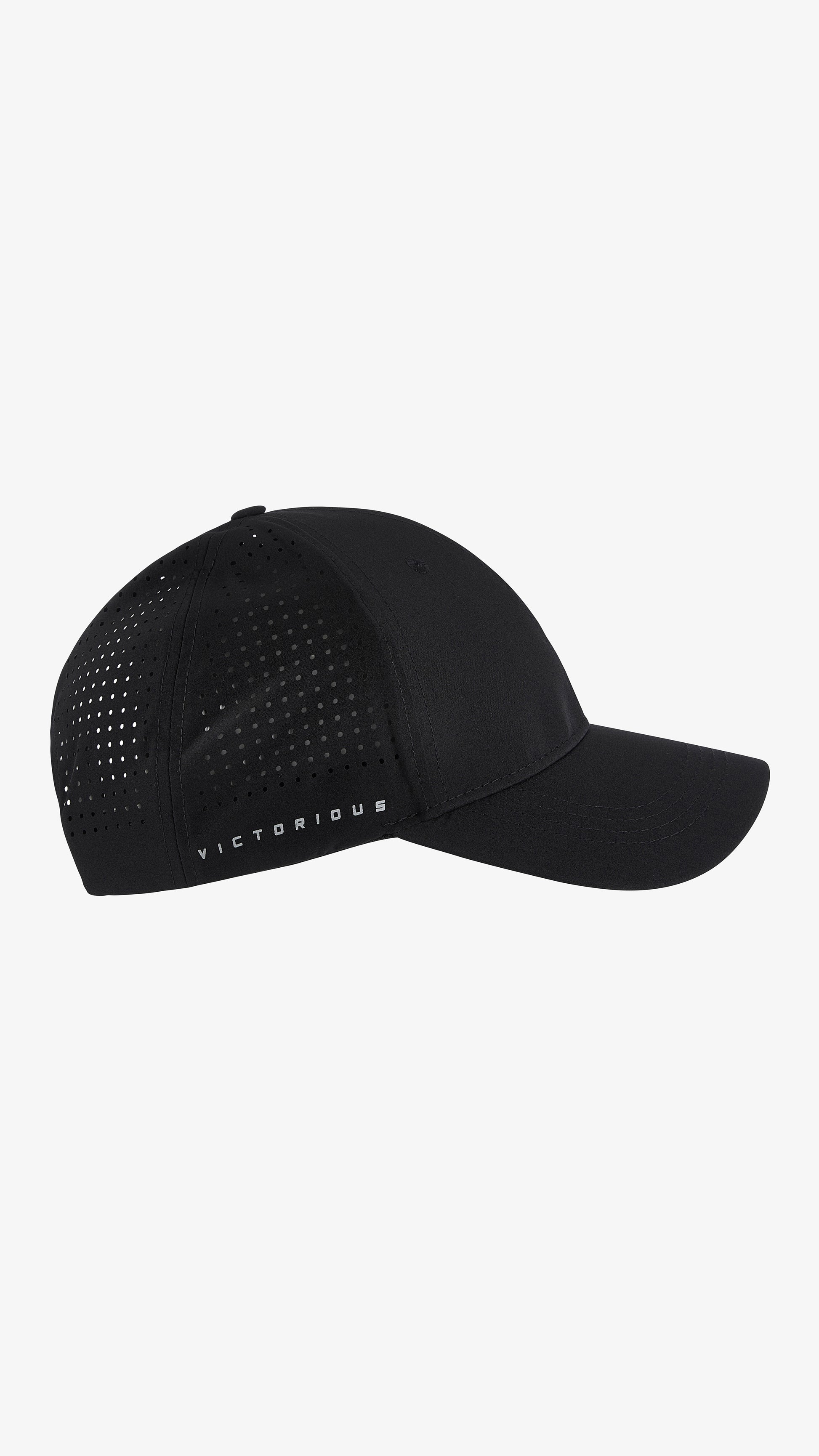 Black Triden Cap, right side view, laser-cut perforations for airflow