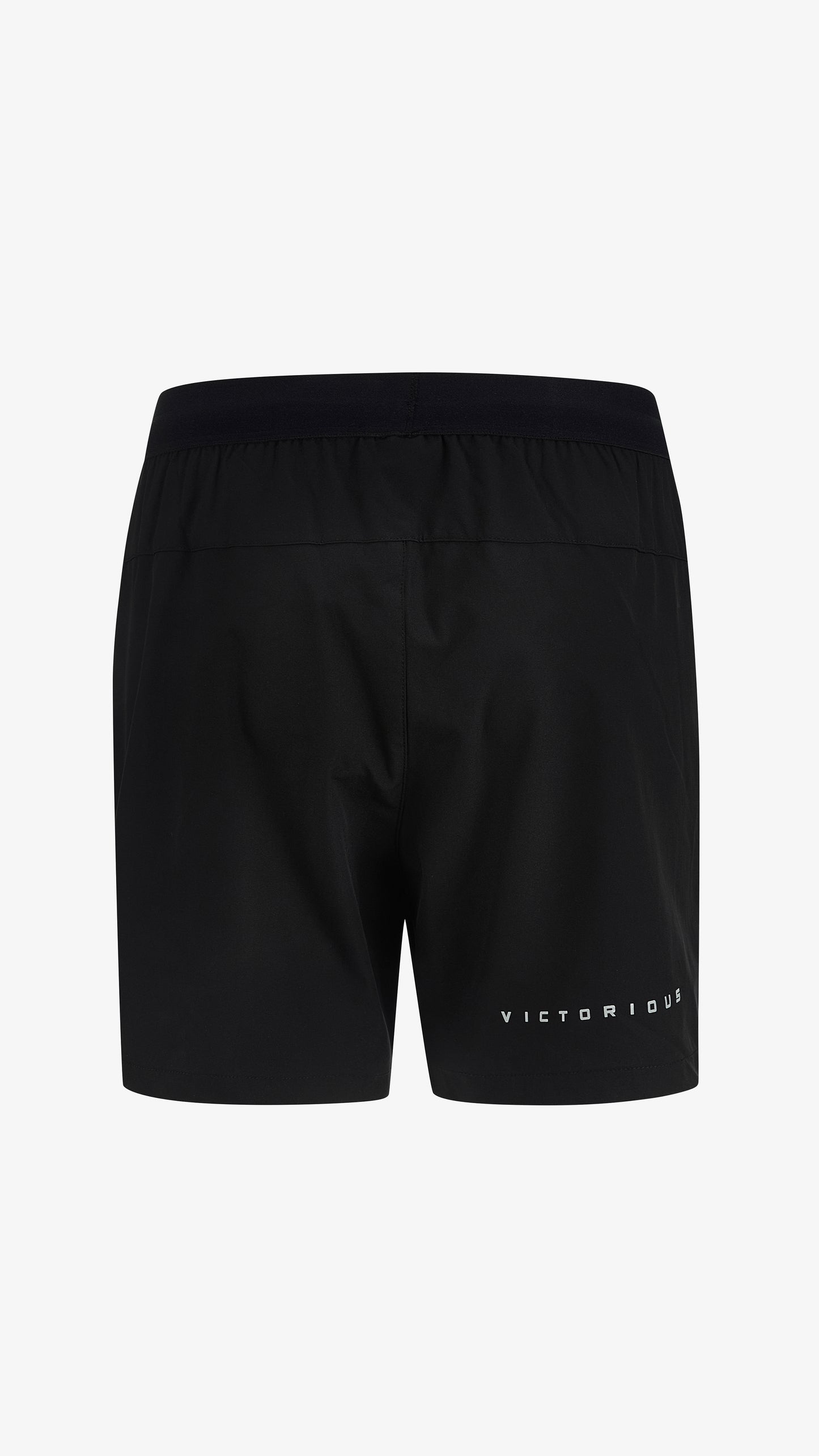 Black Velum Short, back view, reflective VICTORIOUS print