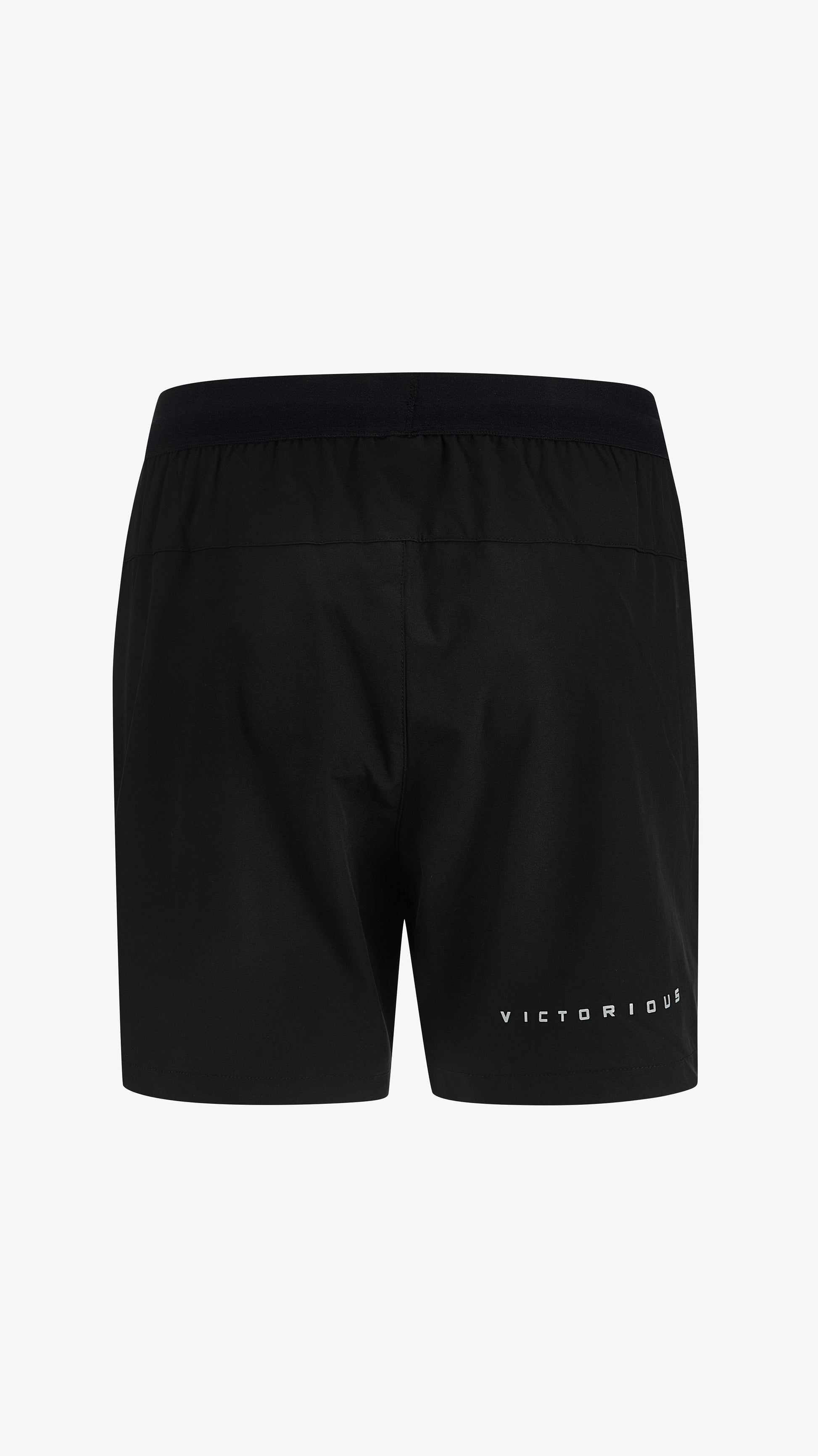Black Velum Short, back view, reflective VICTORIOUS print