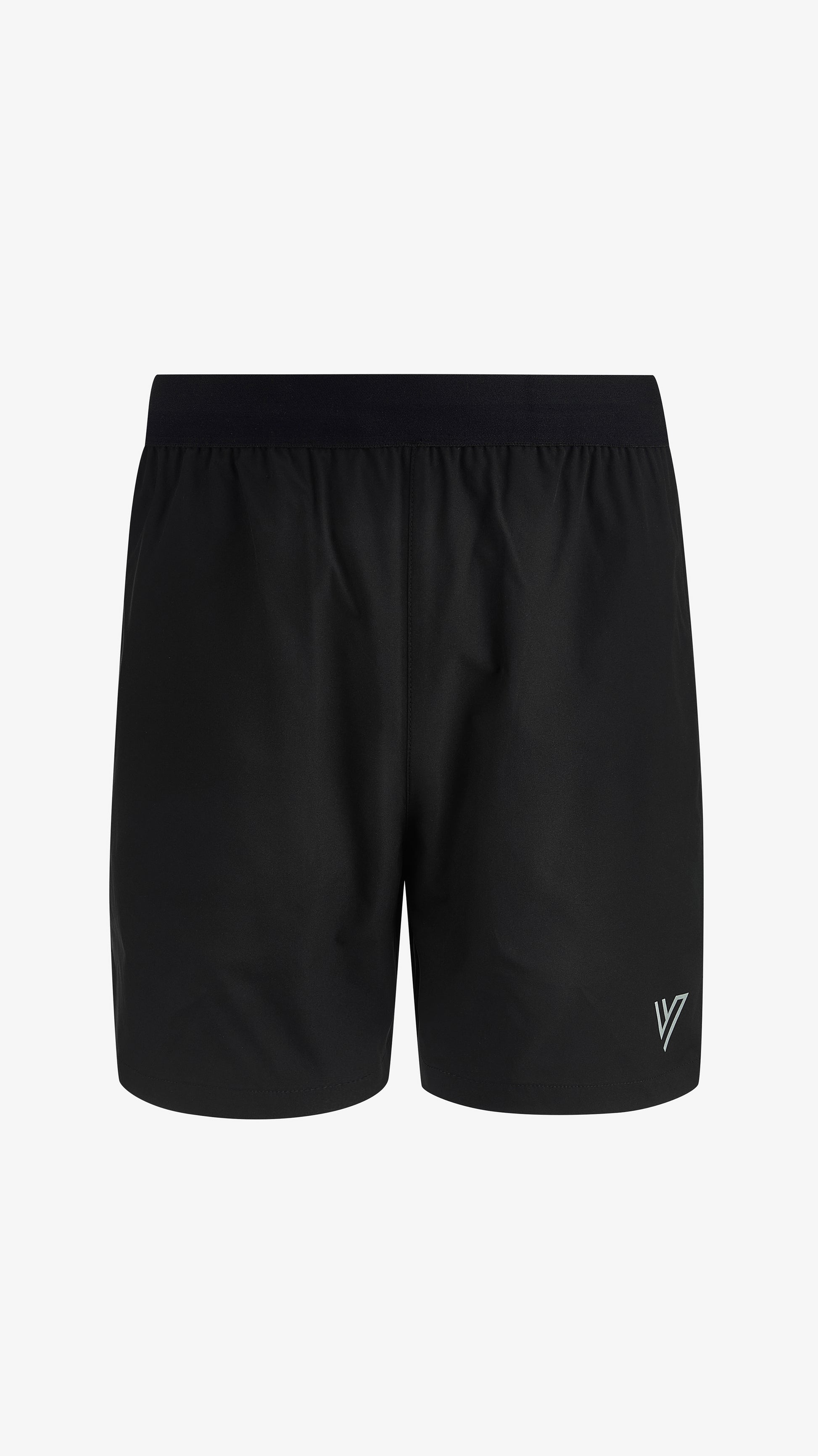 Black Velum Short, front view, nylon and spandex athletic fit with reflective hem logo