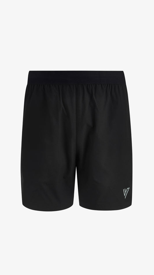 Black Velum Short, front view, nylon and spandex athletic fit with reflective hem logo