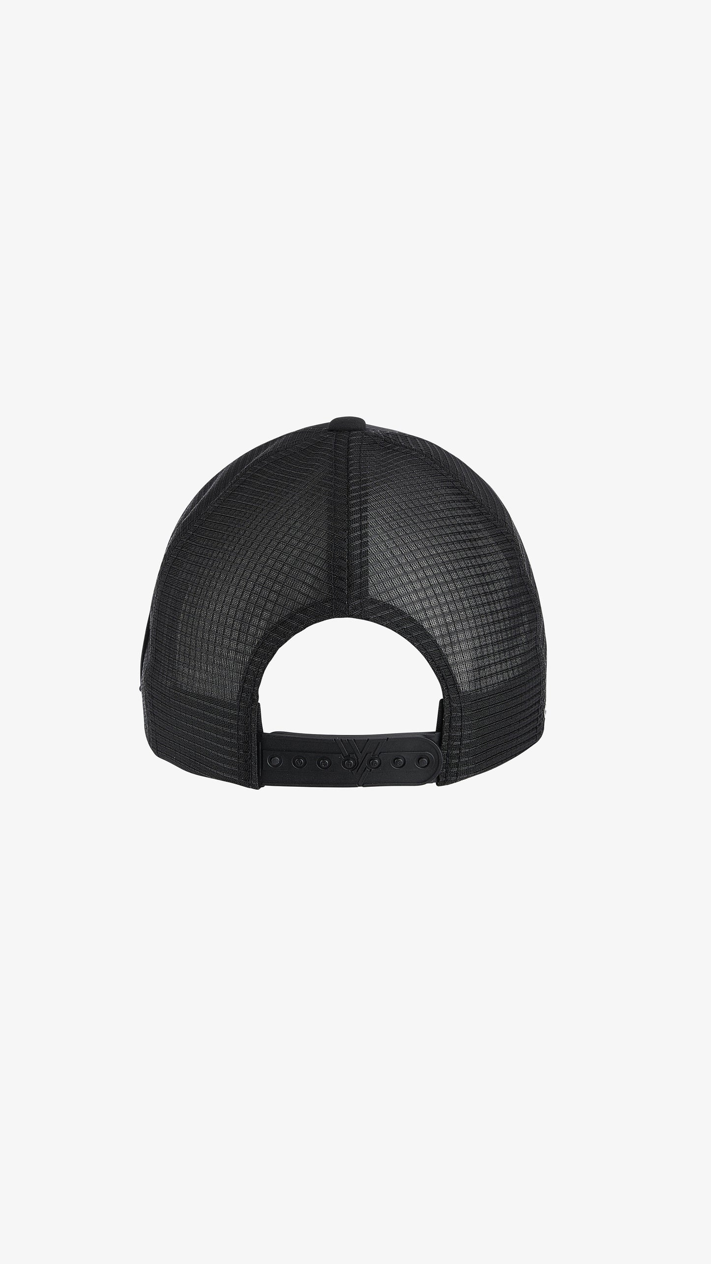 Black/White Parma Trucker, back view, white mesh back with snapback closure