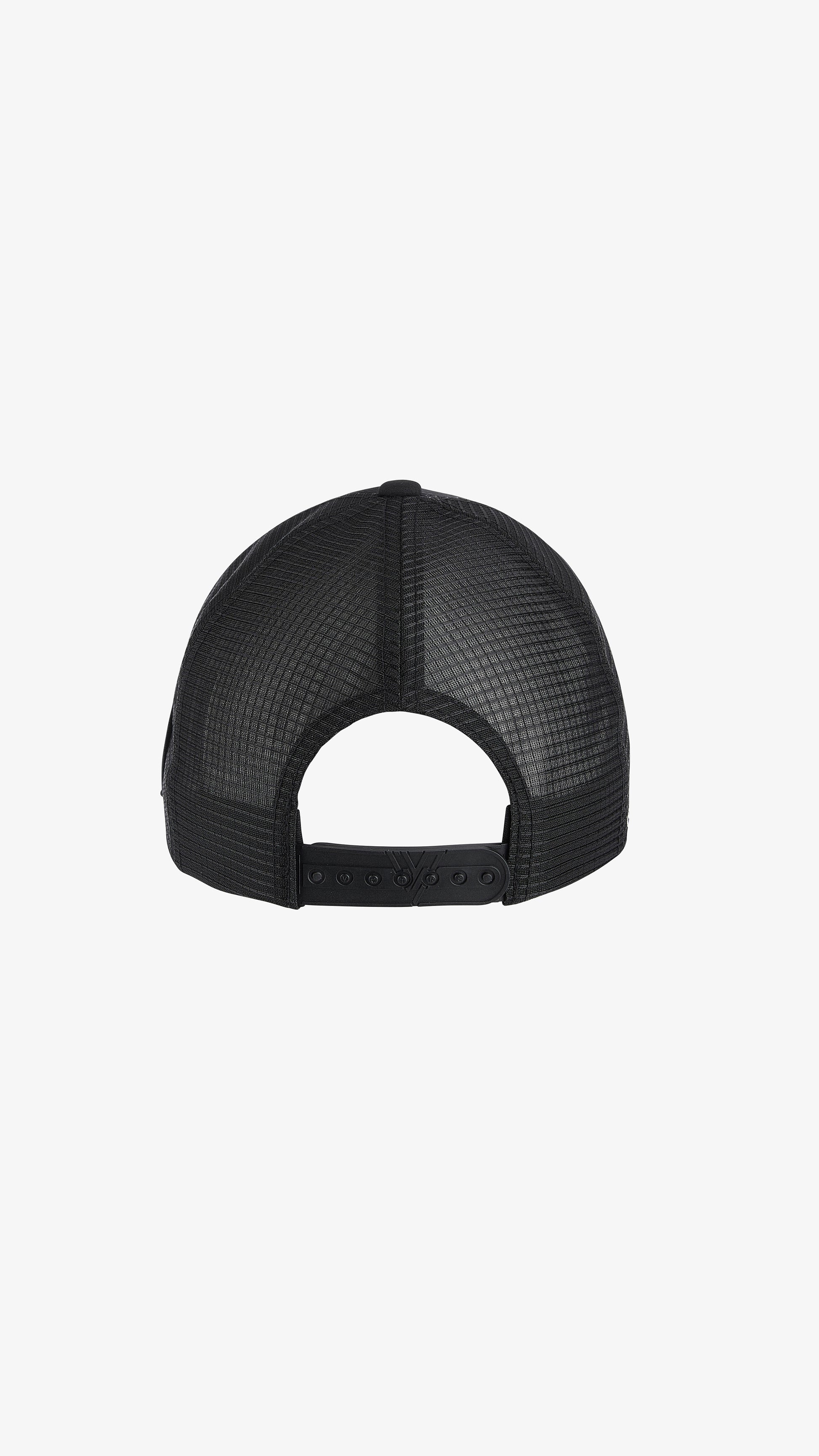 Black/White Parma Trucker, back view, white mesh back with snapback closure