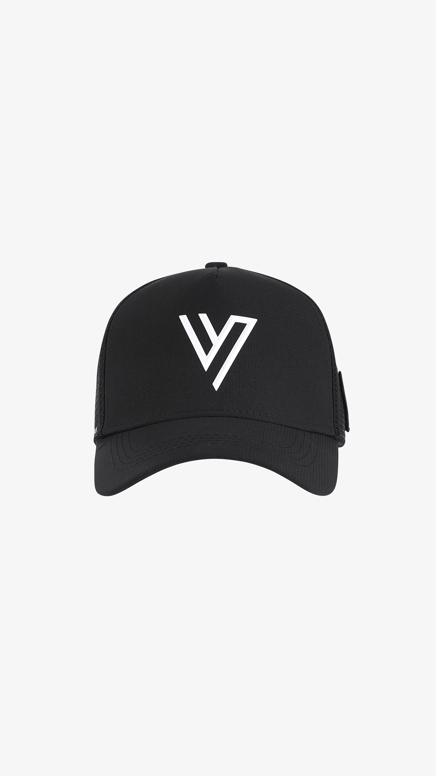 Black/White Parma Trucker, front view, embroidered V logo on black front panel